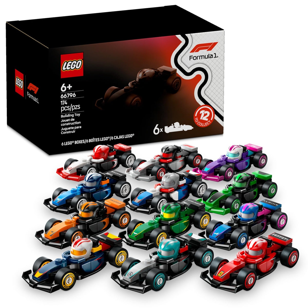 LEGO front packaging showing six mystery F1 boxes and collectible appeal