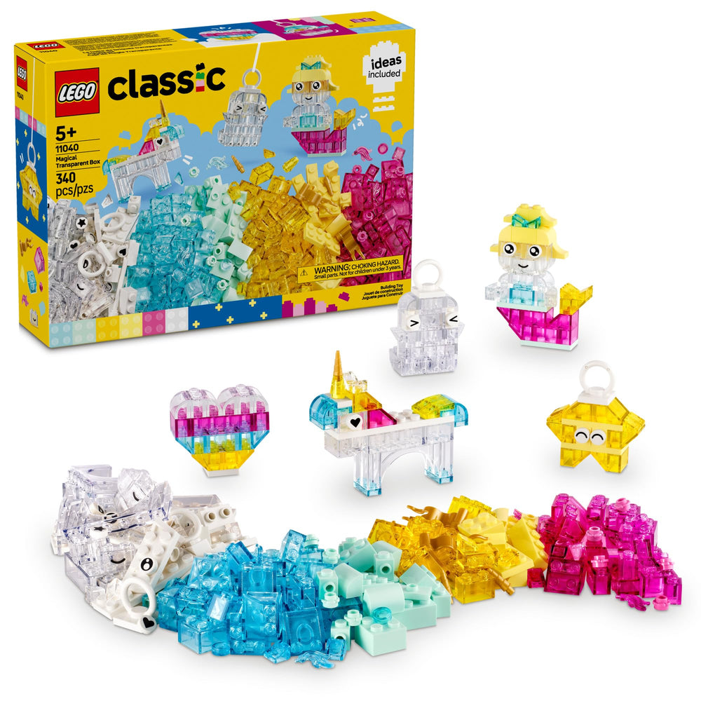 LEGO front packaging of Magical Transparent Box showing contents and age range, great gift idea