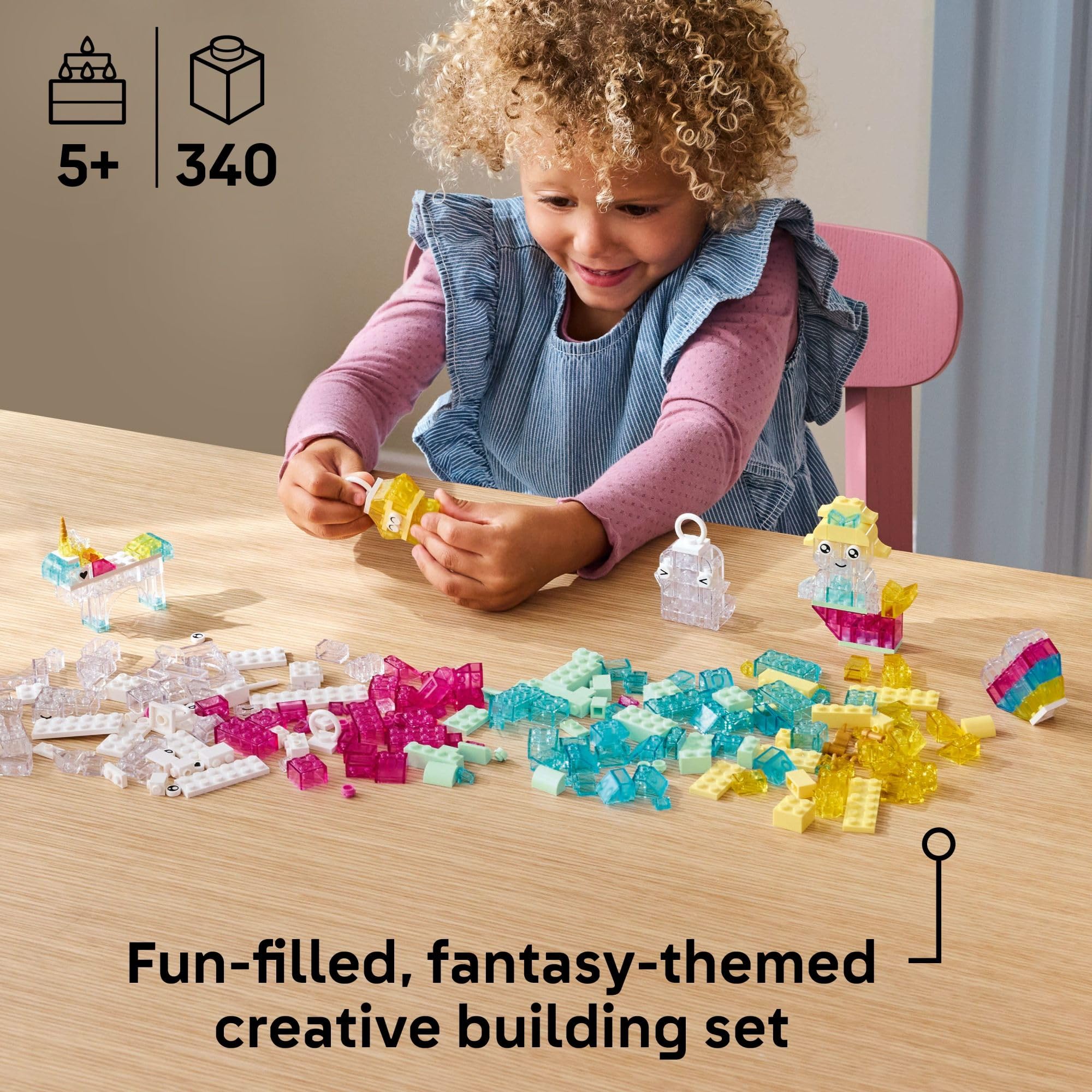 LEGO set opened with 340 colorful pieces laid out, shows variety and play possibilities