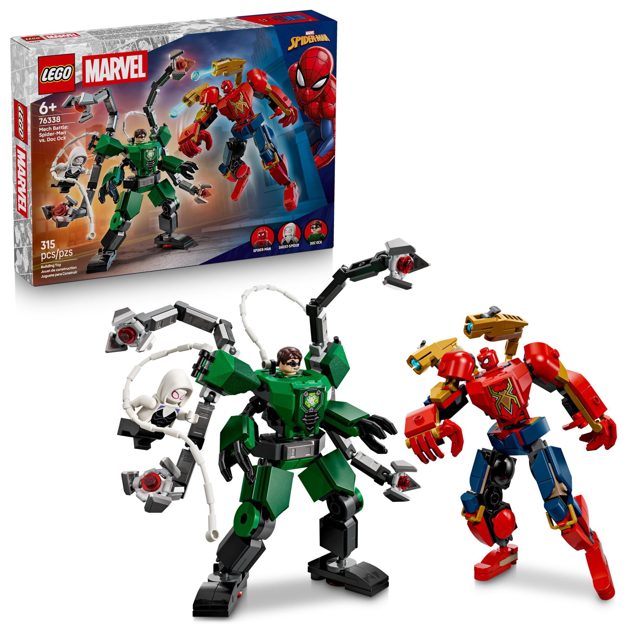 LEGO box front showing Spider-Man vs Doc Ock set, LEGO brand inspires imaginative play