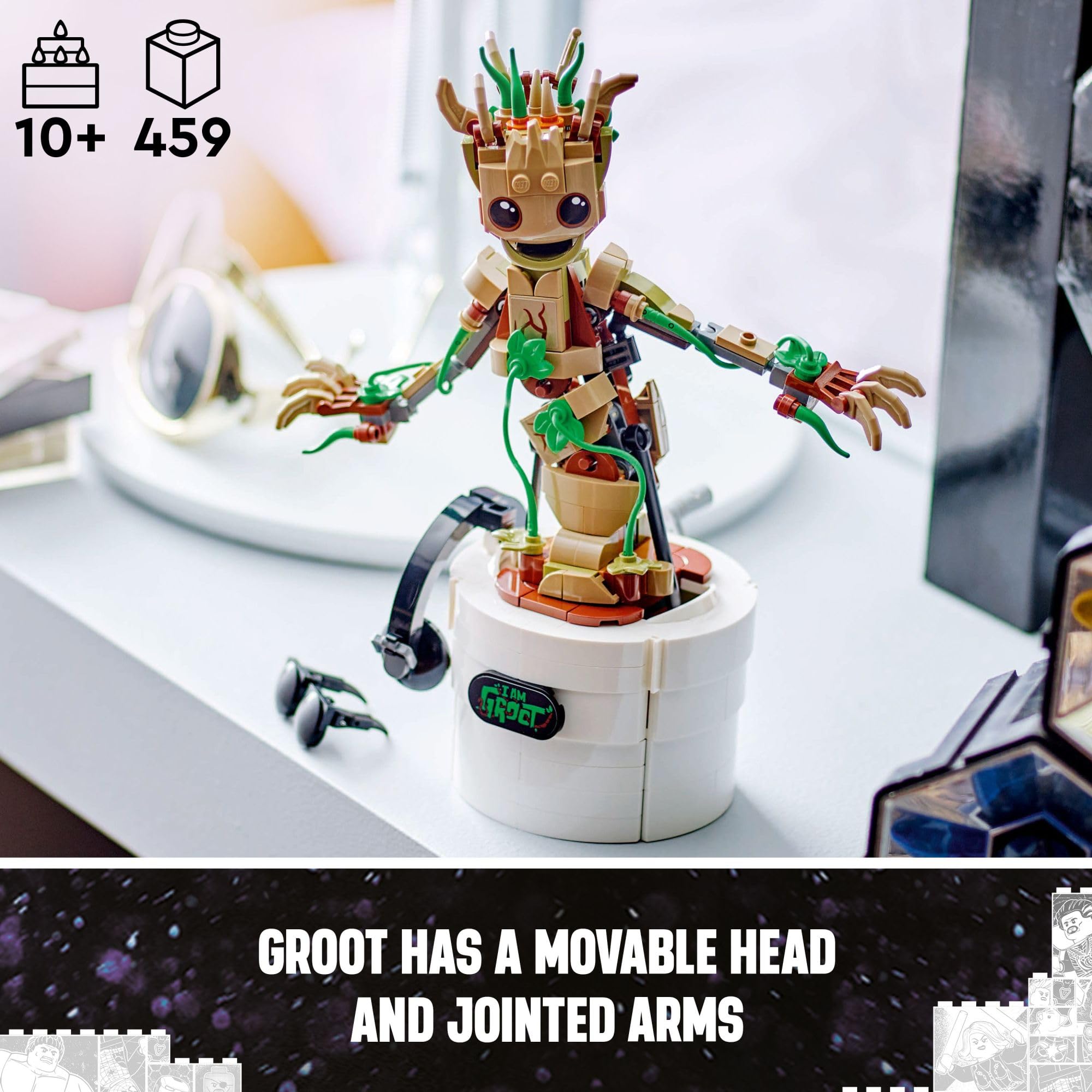 LEGO Dancing Groot accessories laid out showing headphones sunglasses and extra leaves
