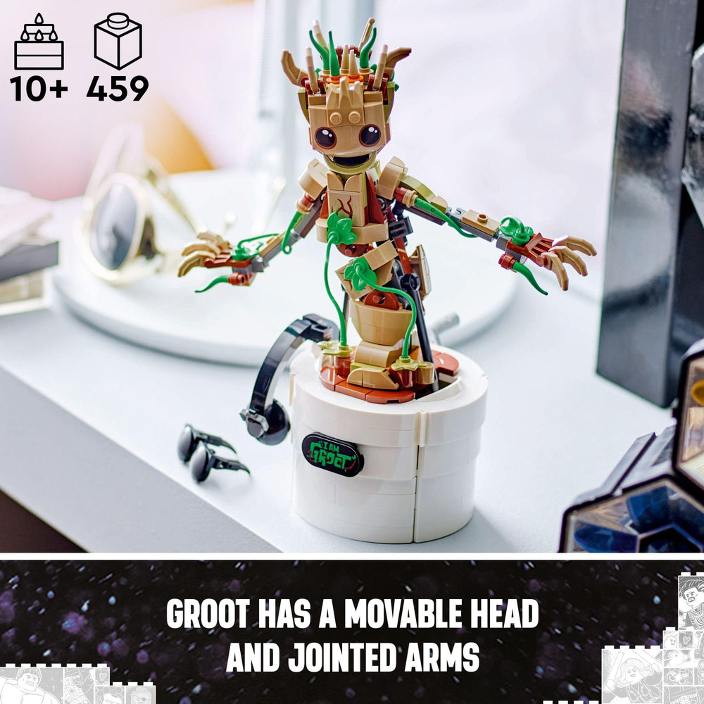 LEGO Dancing Groot accessories laid out showing headphones sunglasses and extra leaves