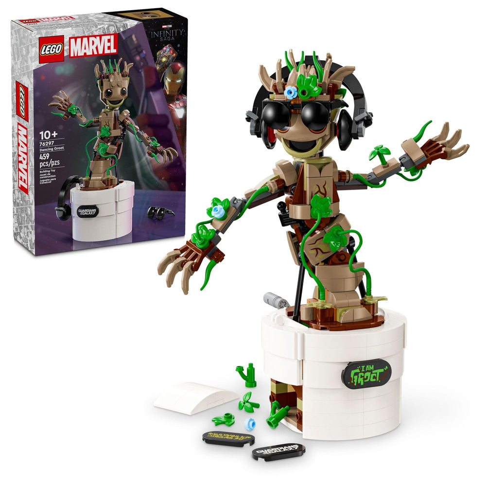 LEGO Dancing Groot front view showing poseable arms and display-ready detailing