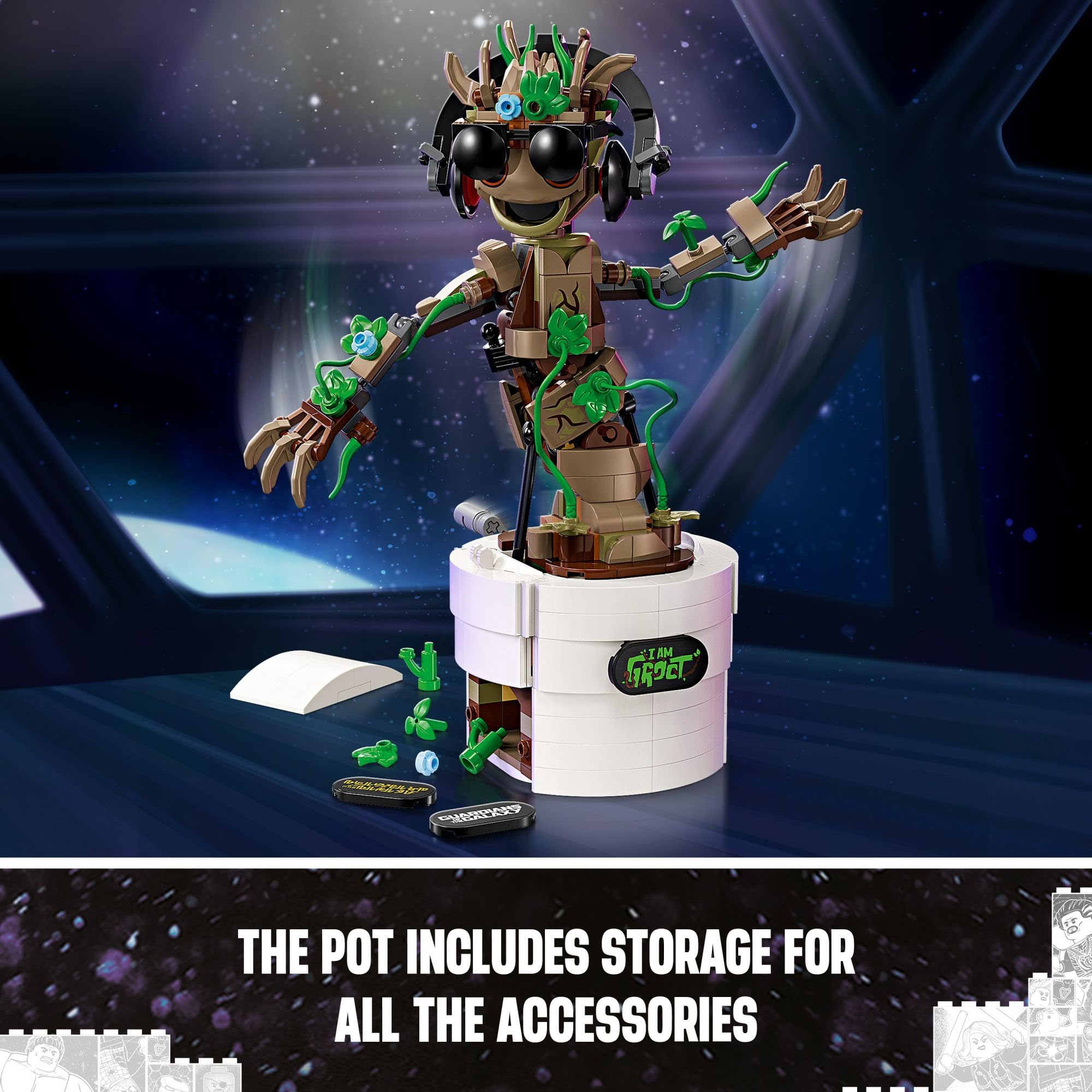 LEGO Dancing Groot in motion with hand crank visible demonstrating manual activation
