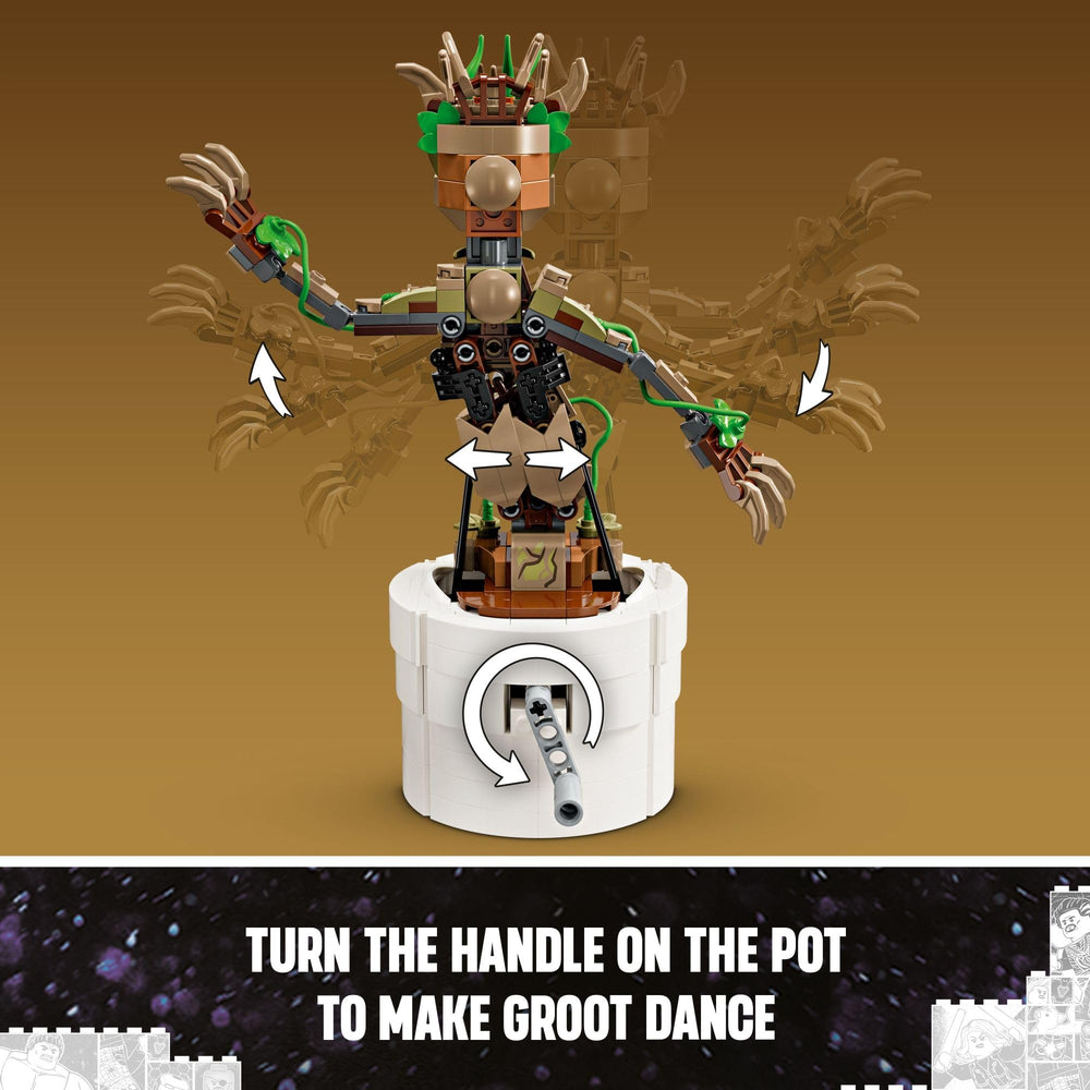 LEGO Dancing Groot pot open revealing built-in storage for accessories and nameplates