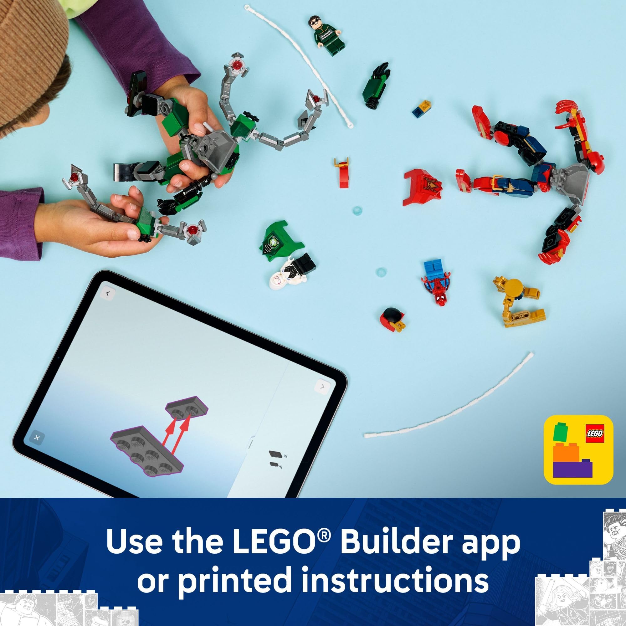 Child playing with both LEGO Marvel mechs in battle, LEGO brand promotes creative play