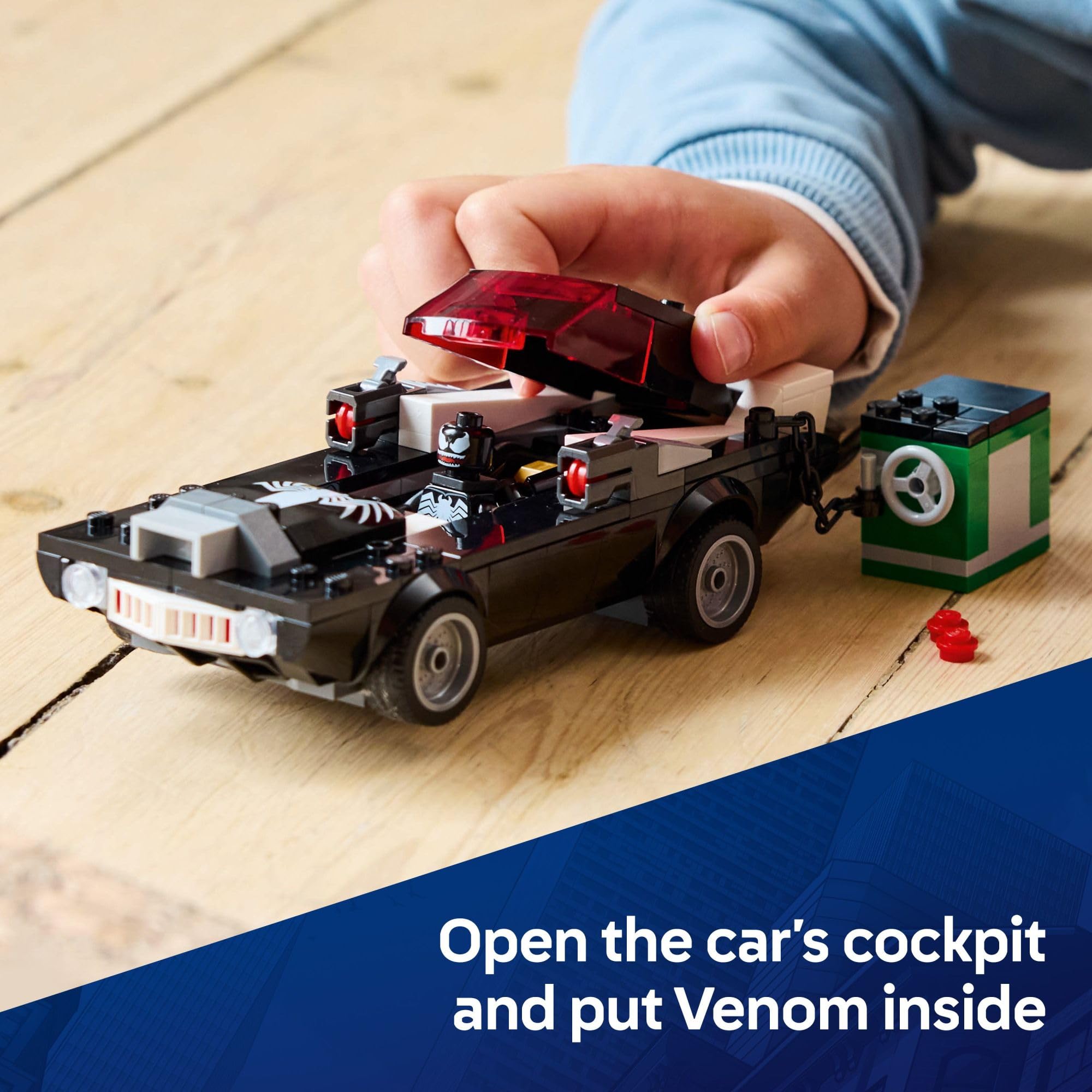 Three LEGO minifigures Spider-Man Venom Spider-Woman close-up for character play