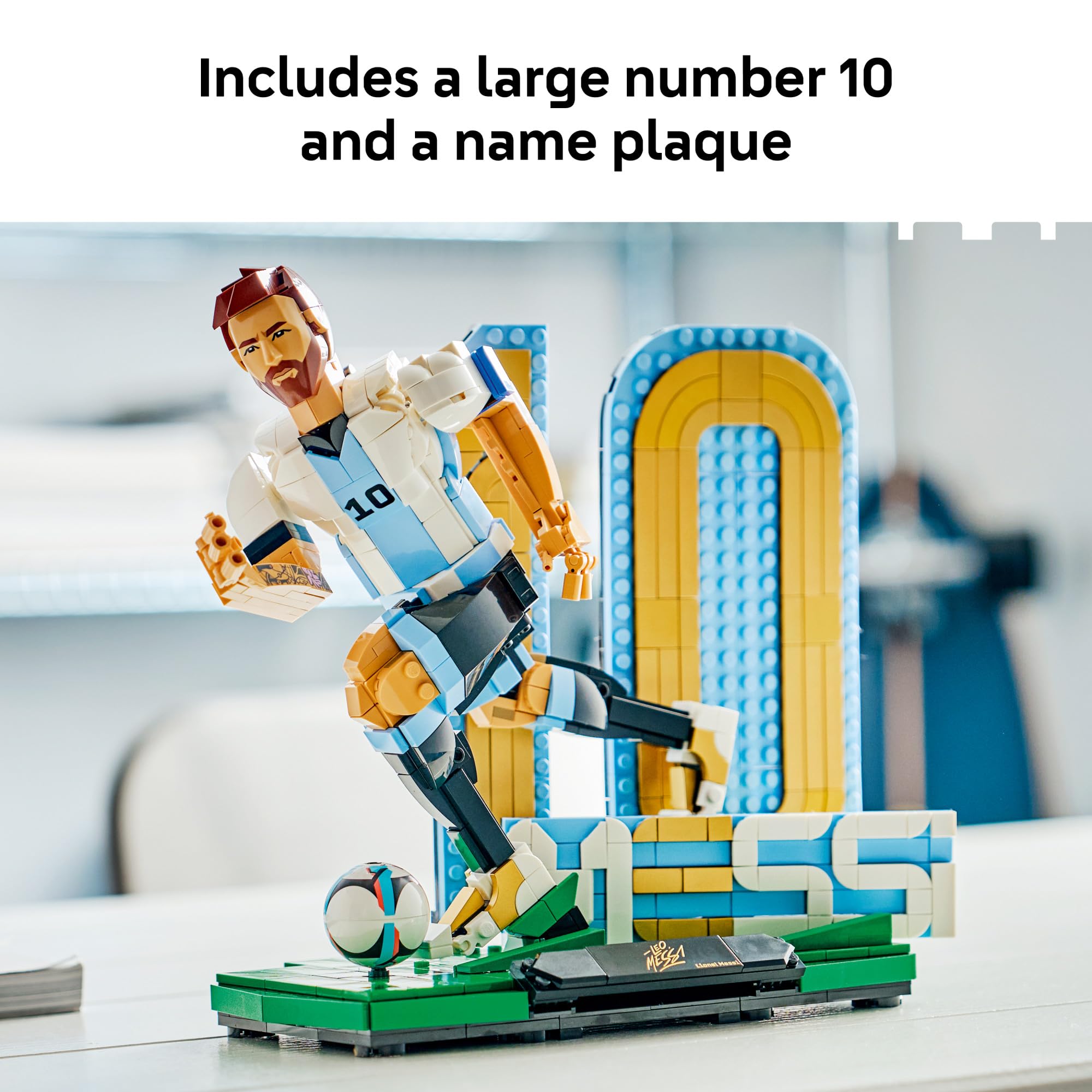 LEGO Lionel Messi face and ball detail showing brand sculpt and authenticity