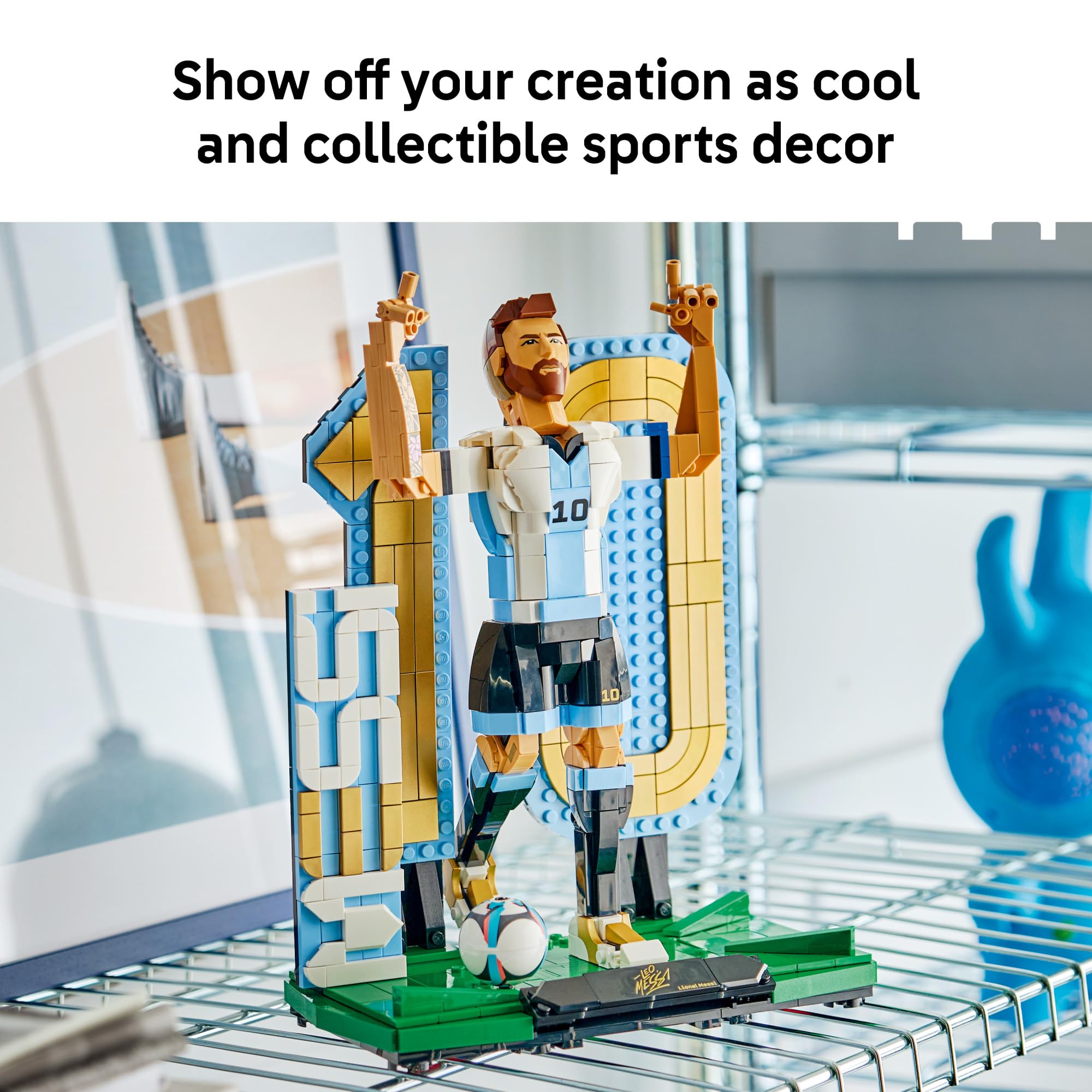 LEGO Lionel Messi on a shelf in a bedroom showing brand decorative benefit
