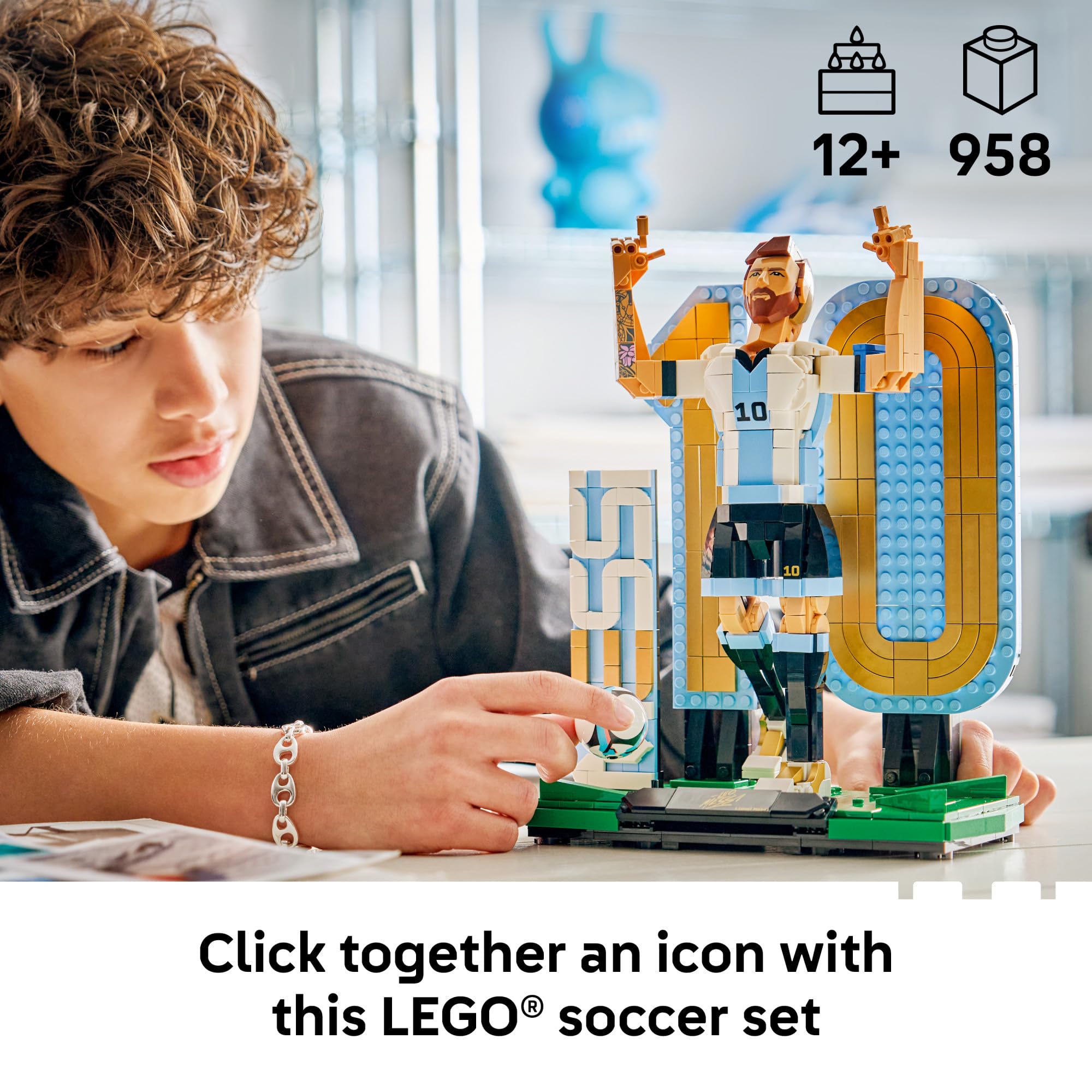 LEGO Lionel Messi victory pose close-up showing brand detail and display impact