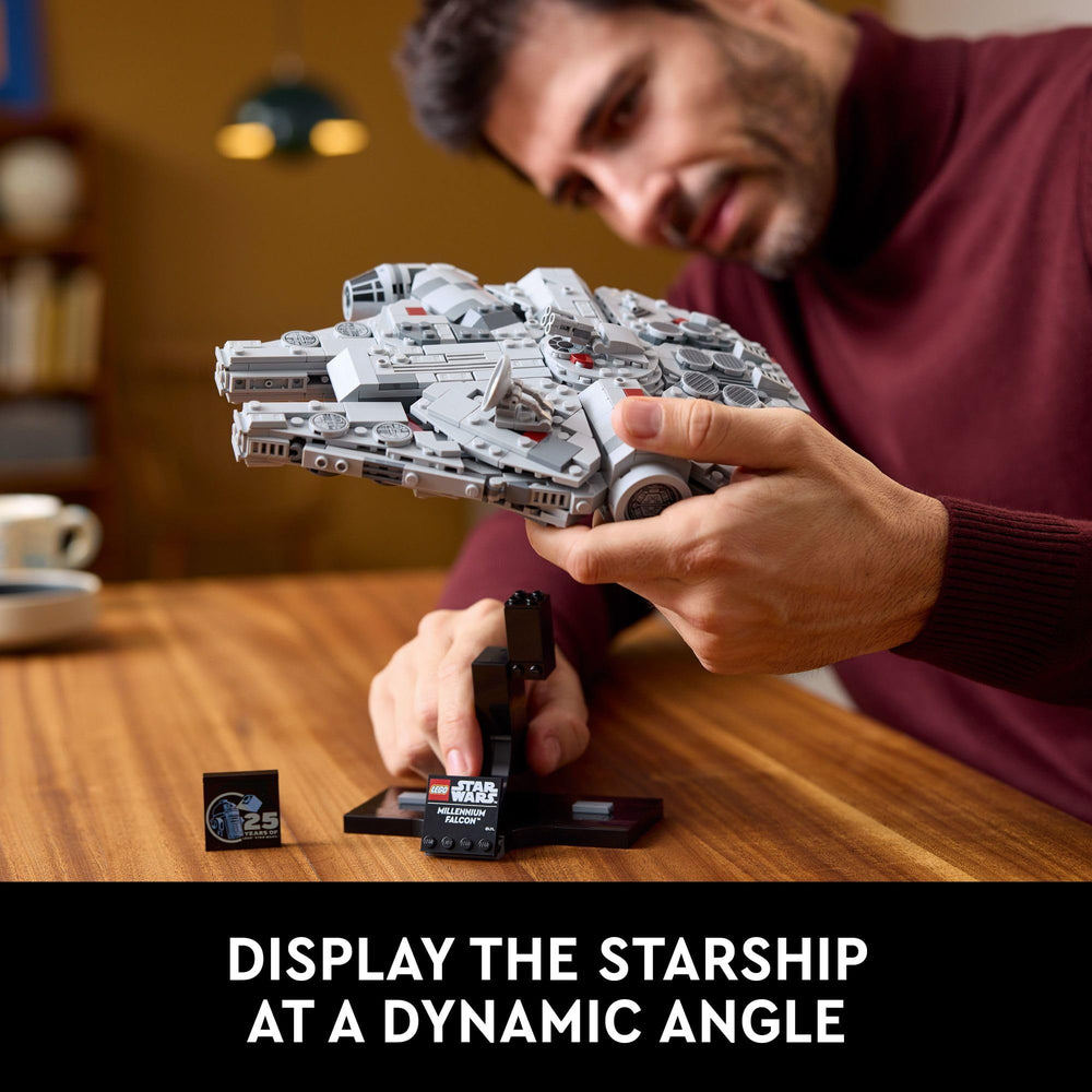 LEGO Millennium Falcon held in hand to show mid-scale size and proportion