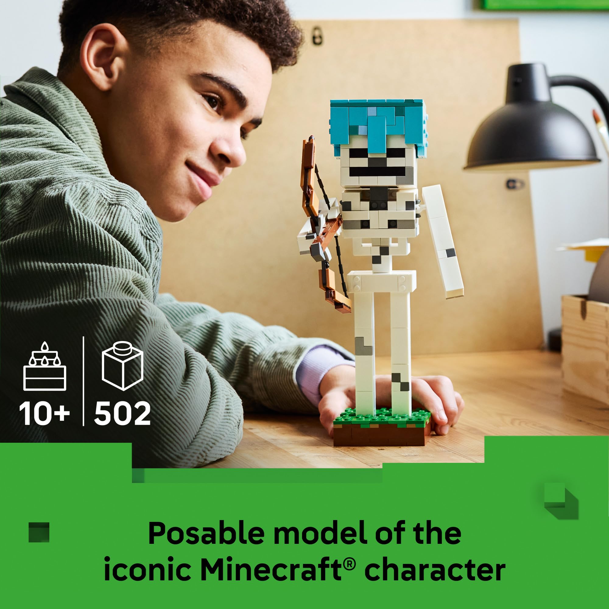 LEGO The Skeleton close-up head shot showing pixelated features and accuracy