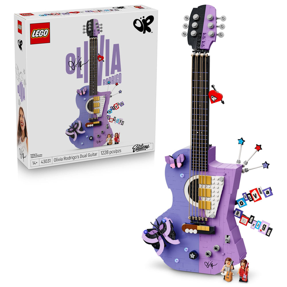 LEGO Olivia Rodrigo dual guitar front view showing full duo aesthetic and display appeal