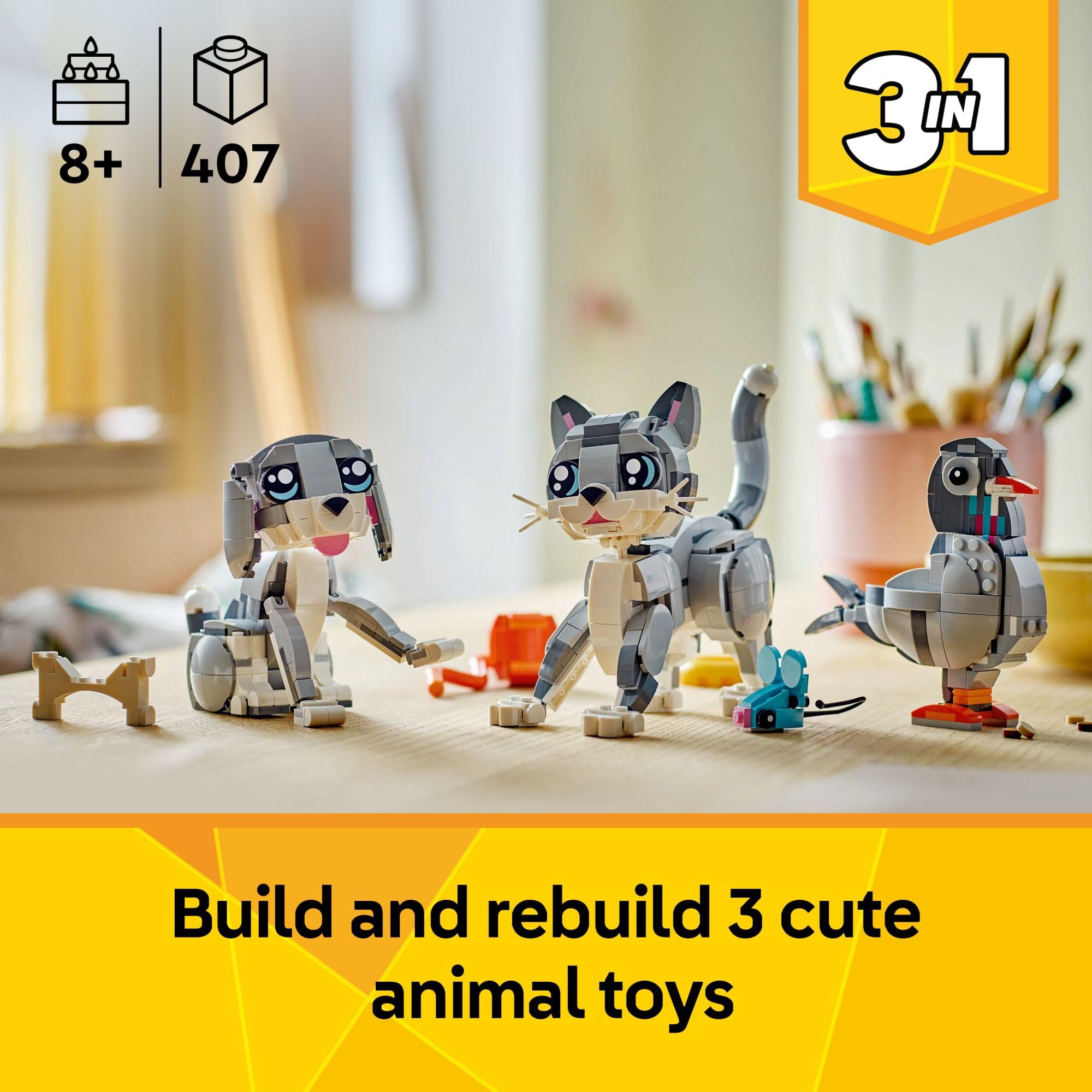 LEGO playful cat closeup on bricks showing texture and build quality benefits