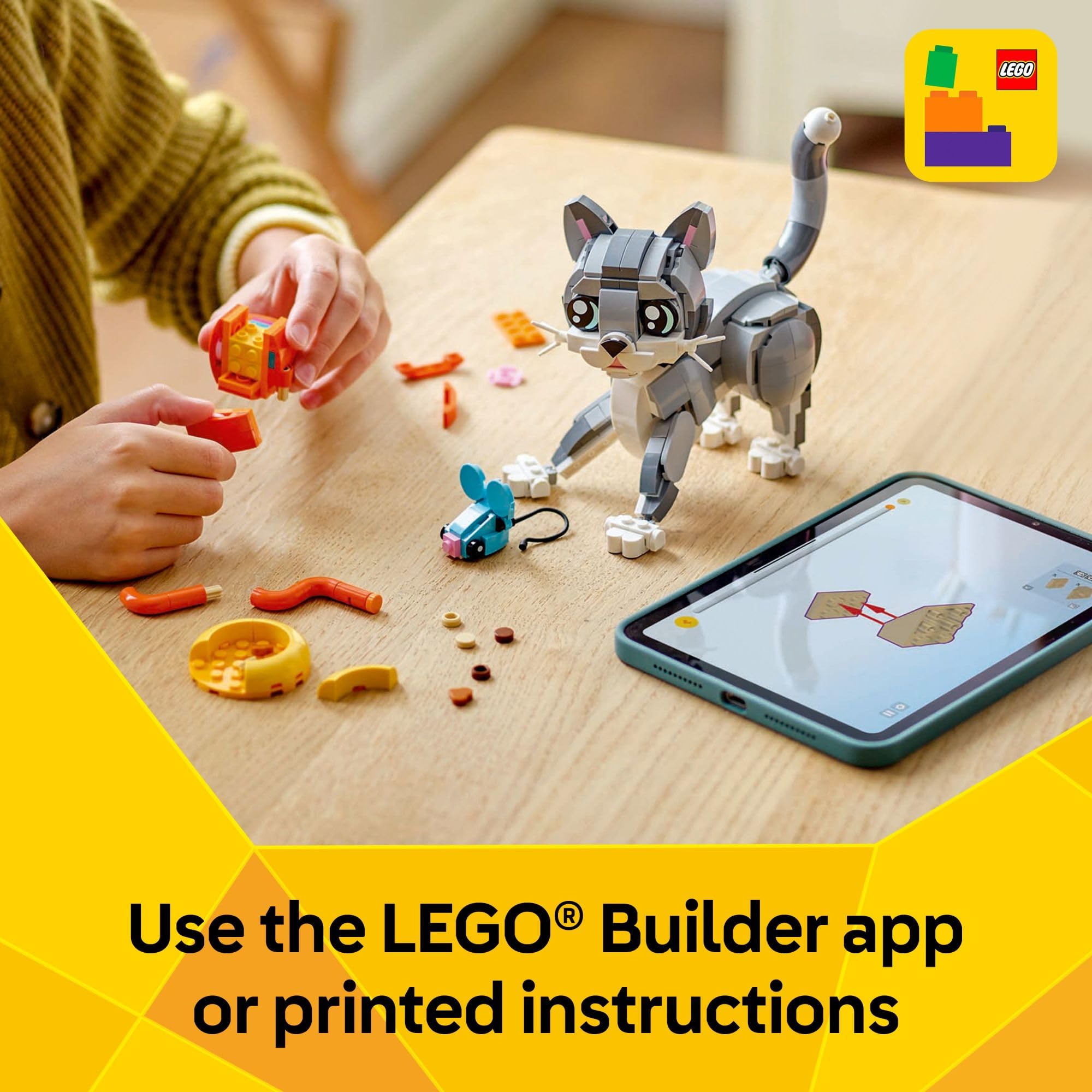LEGO playful cat instruction booklet and bricks encouraging independent builds