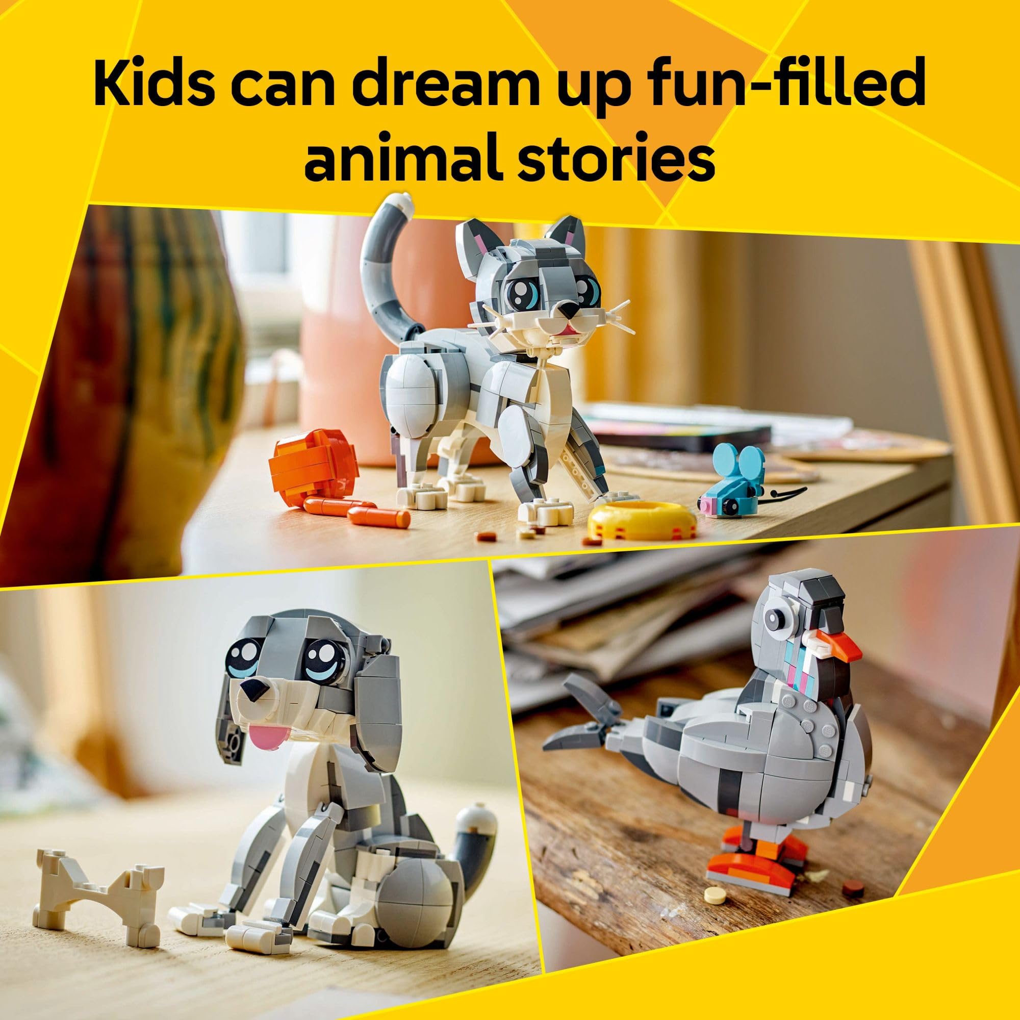 LEGO playful cat pigeon model on table demonstrating rotatable head feature