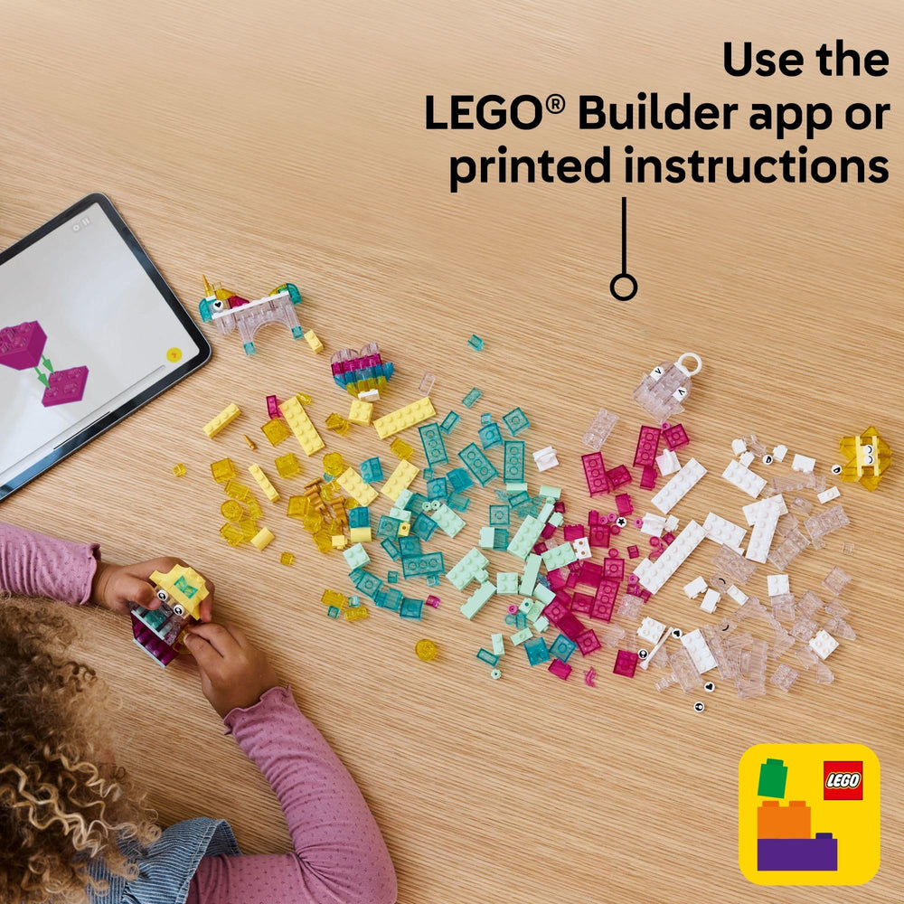 Child's hand holding LEGO unicorn to show scale, LEGO fits small hands comfortably