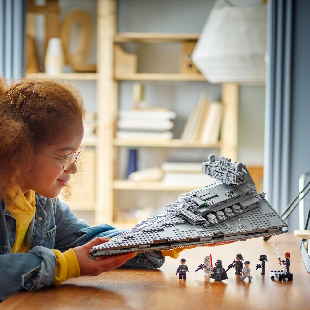 LEGO Star Destroyer with foldout panels open showing easy access and play features