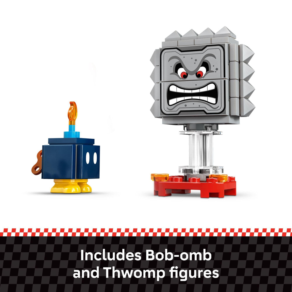 Bob-omb and Thwomp LEGO figures beside kart highlighting challenge play