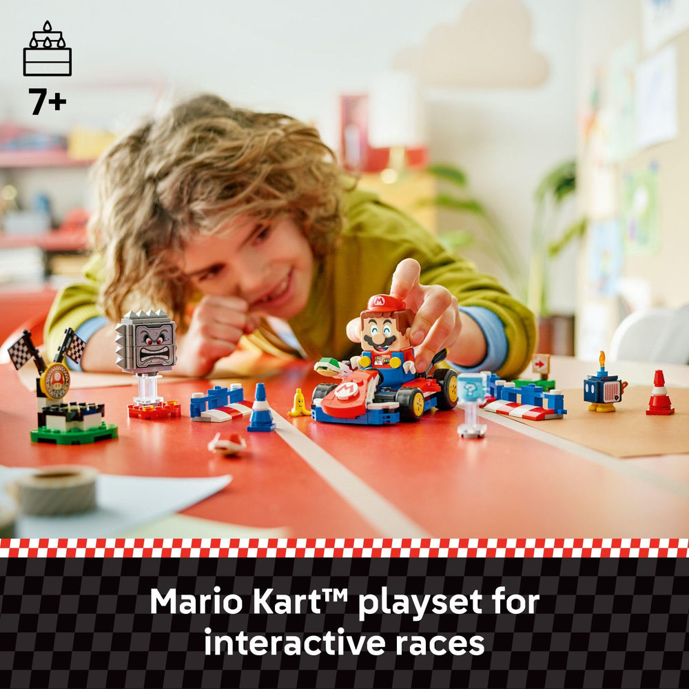 LEGO Mario figure seated in kart triggering sounds and interactive feedback