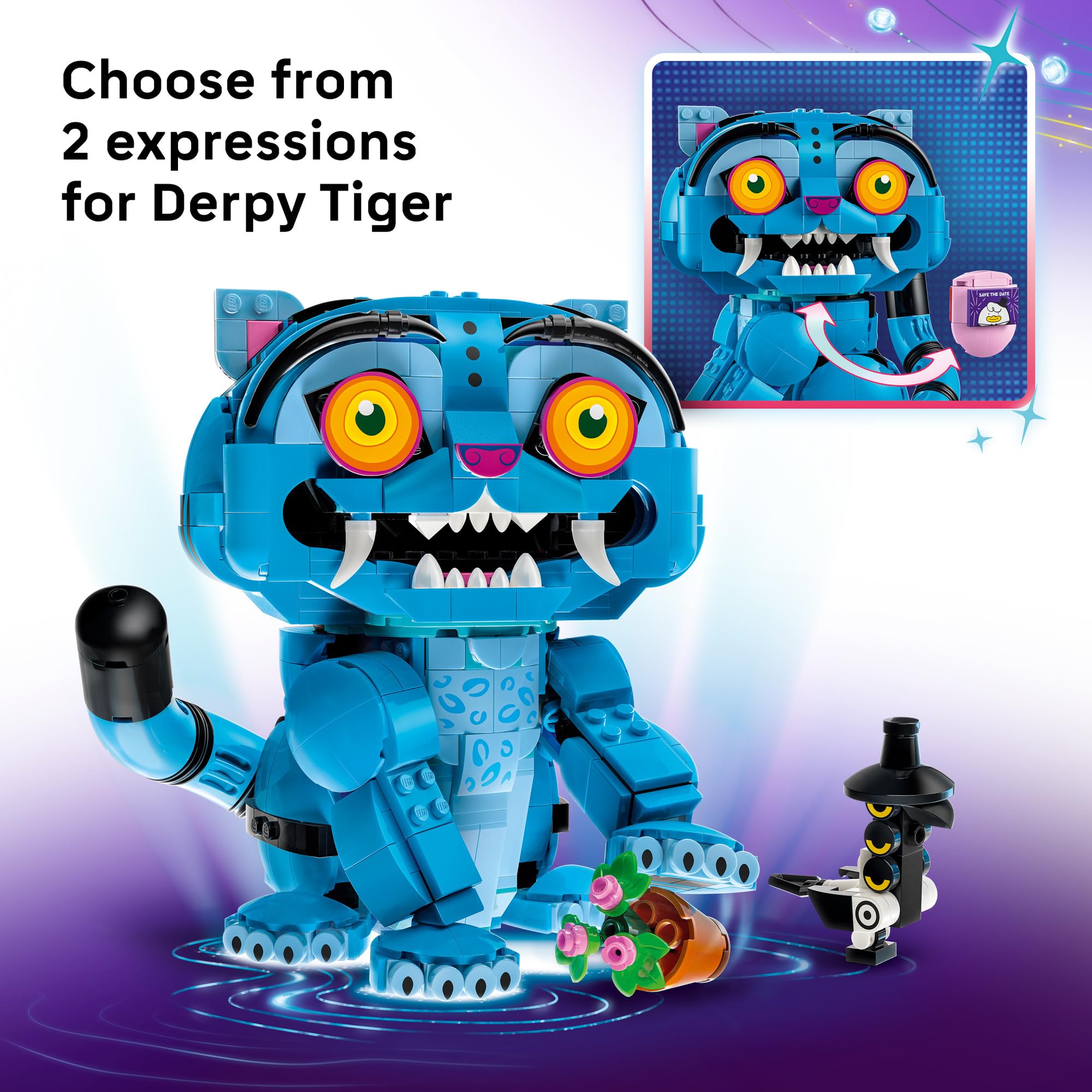 LEGO Sussie Bird perched on tiger head showing poseable neck and feet benefit