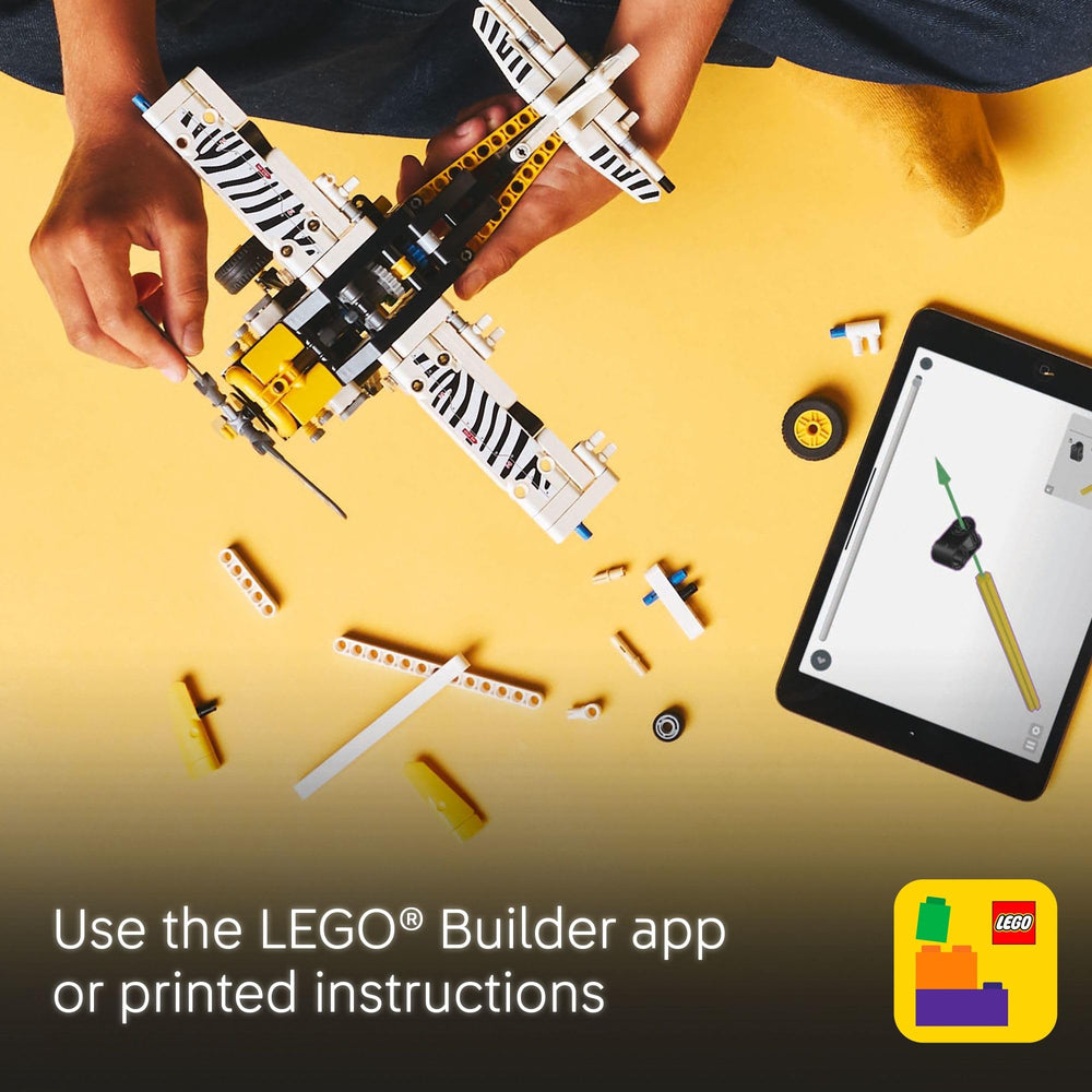 LEGO Technic bush plane in play scenario encouraging imaginative missions and learning