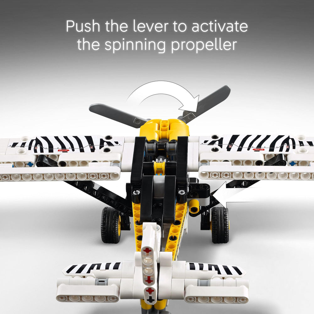 LEGO Technic bush plane zebra livery closeup inspiring wildlife conservation play