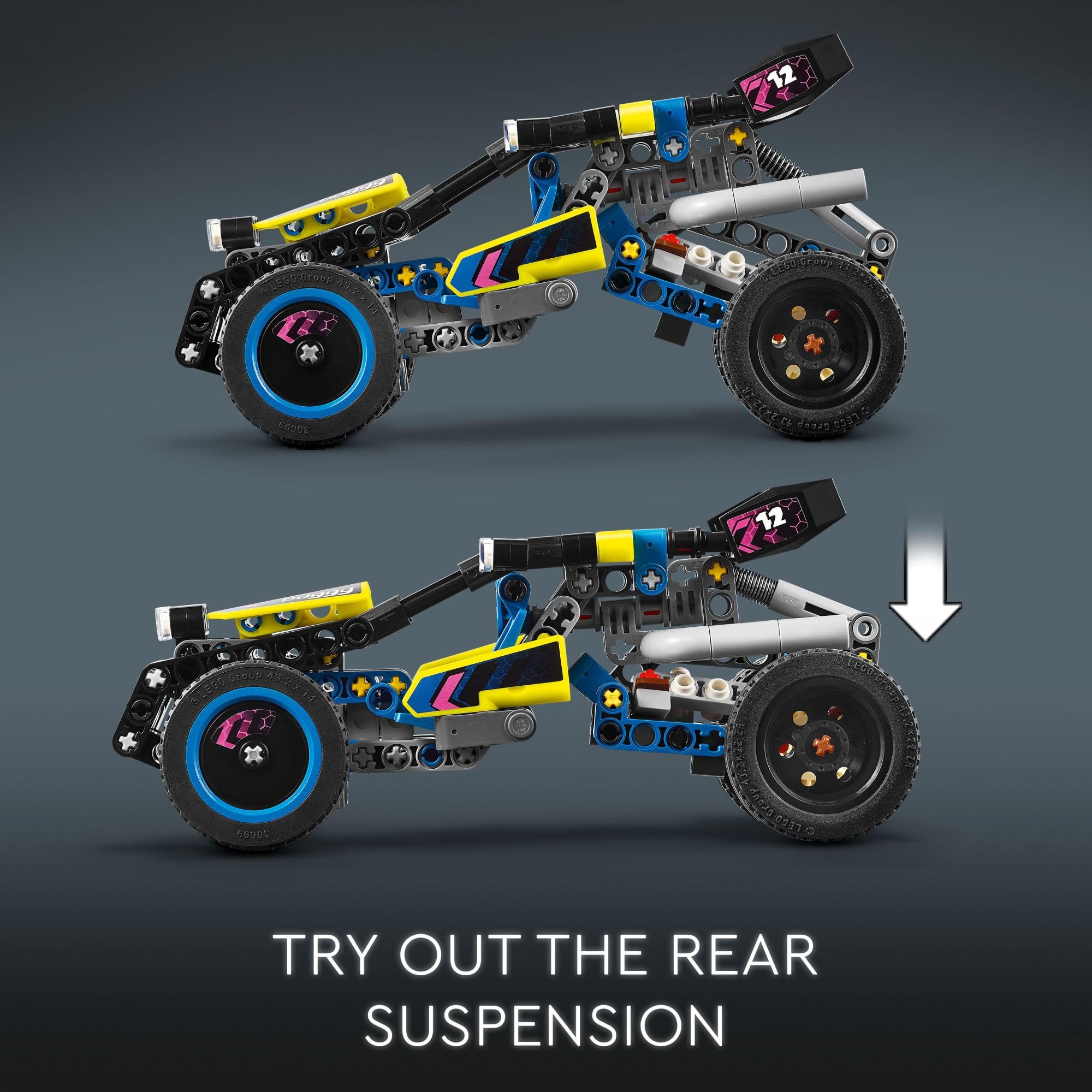 LEGO Technic off-road race buggy beside a hand for scale showing compact displayability
