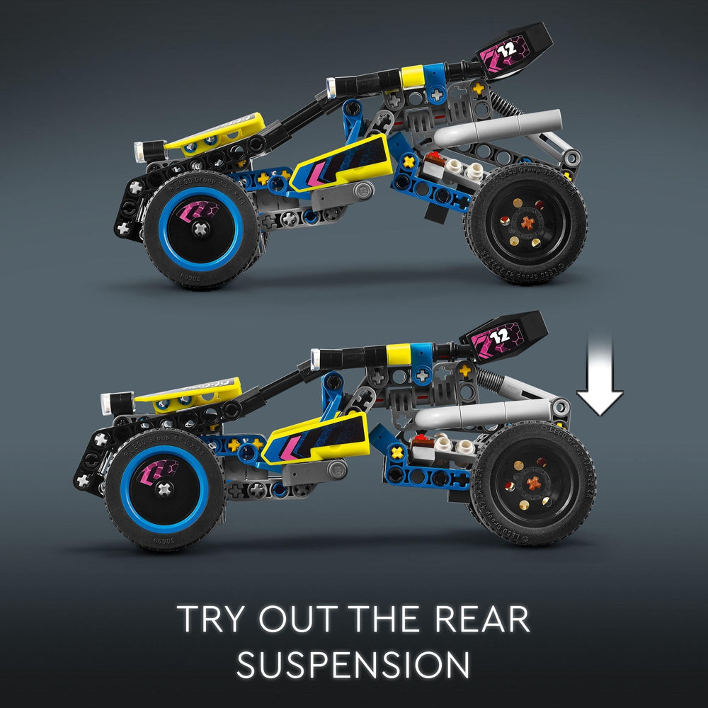 LEGO Technic off-road race buggy beside a hand for scale showing compact displayability