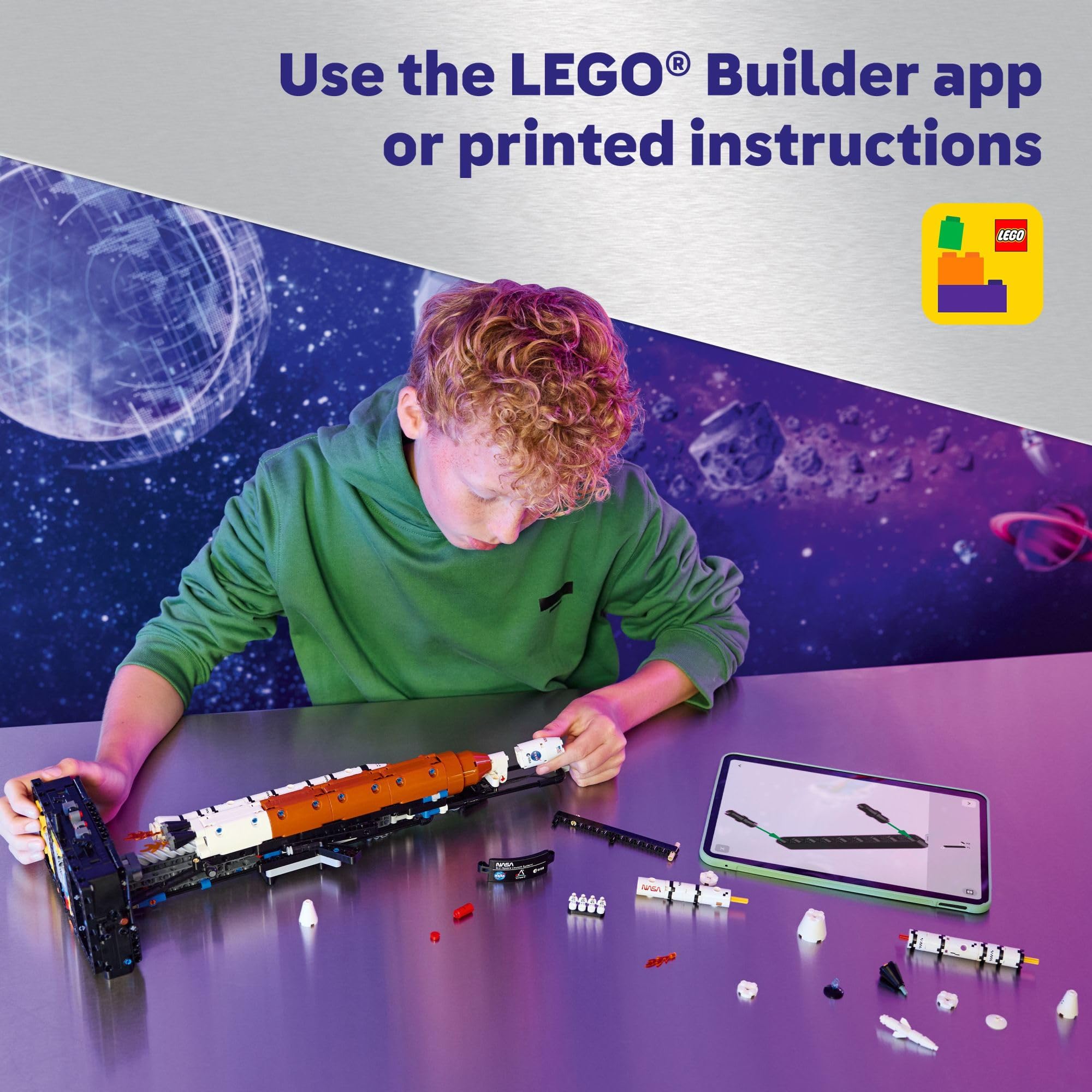LEGO Technic rocket beside ruler showing 70 cm display height benefit