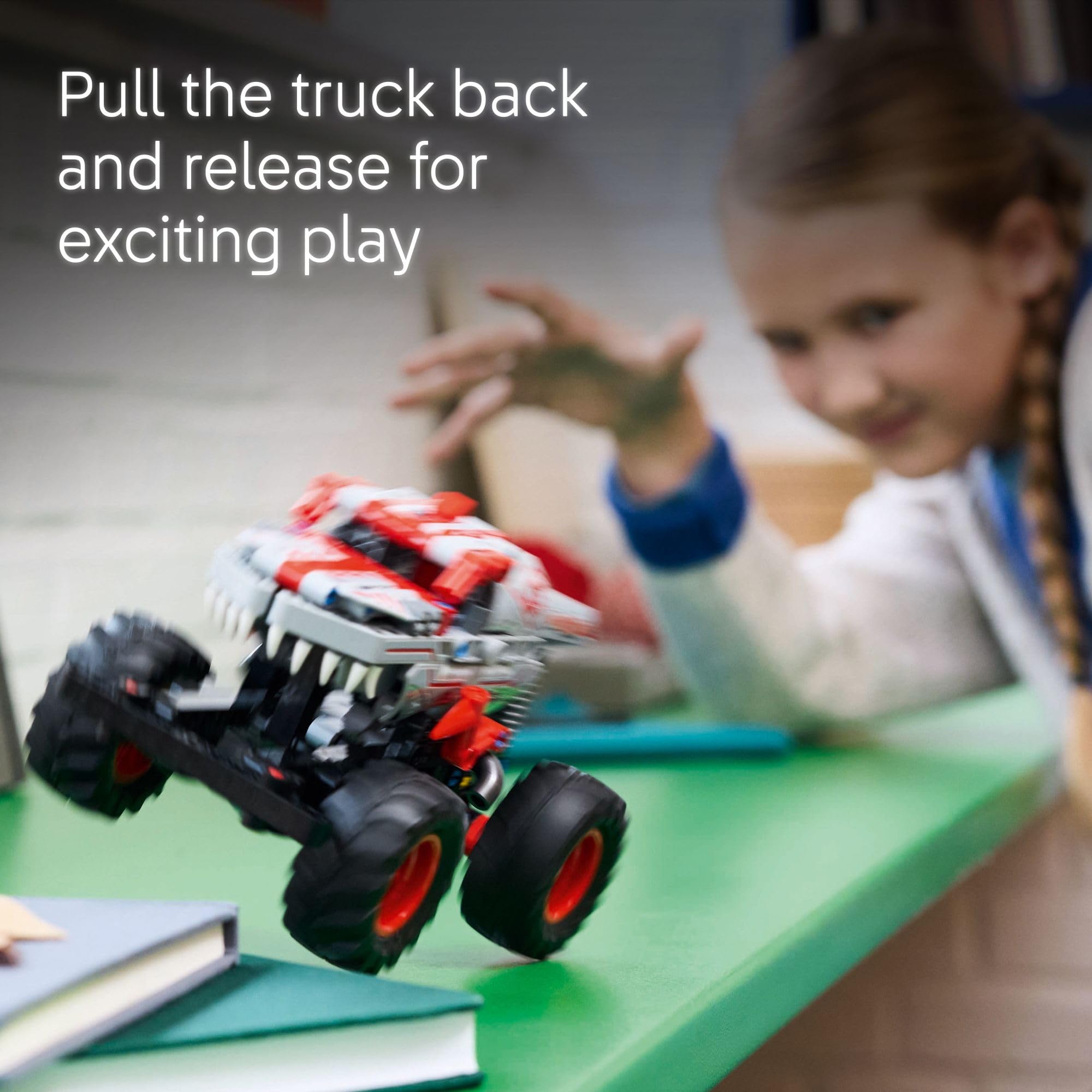 LEGO ThunderROARus pull-back mechanism visible to demonstrate its no-battery motion