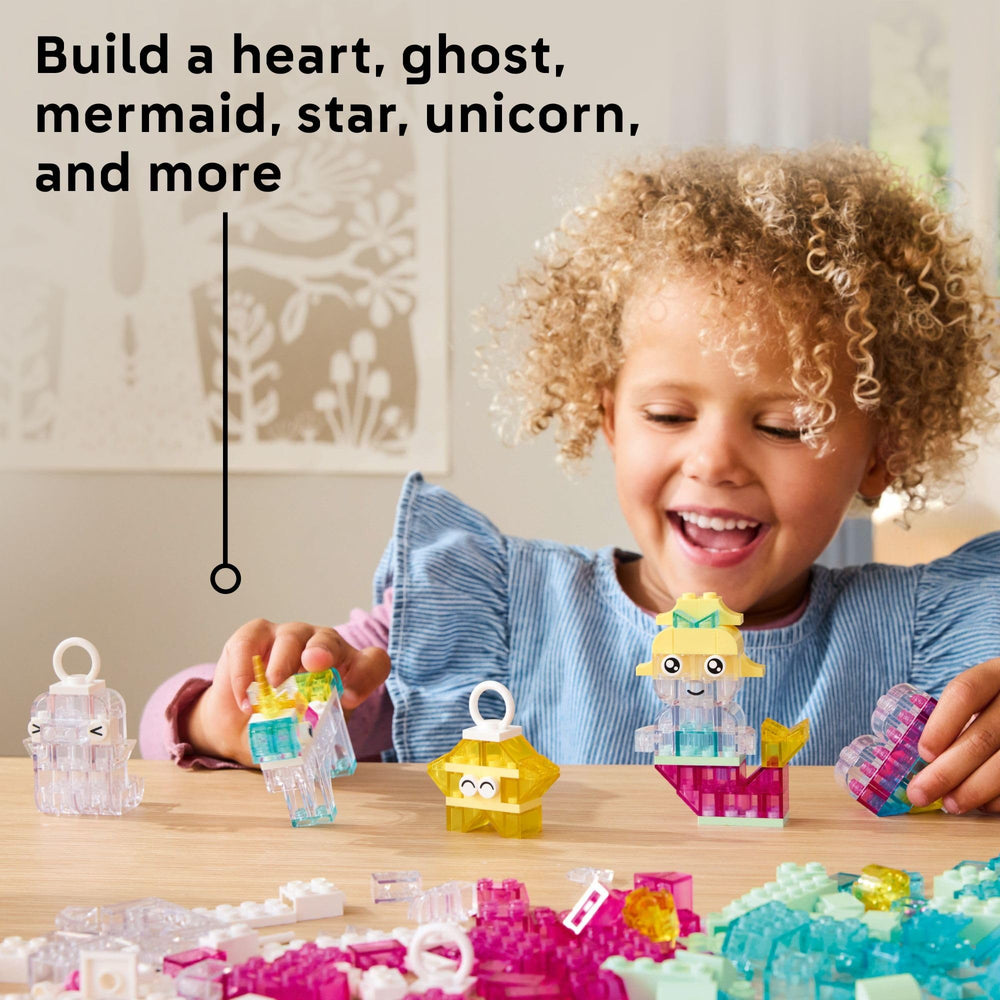 Close-up of LEGO translucent bricks and sparkly elements, brand detail enhances creativity
