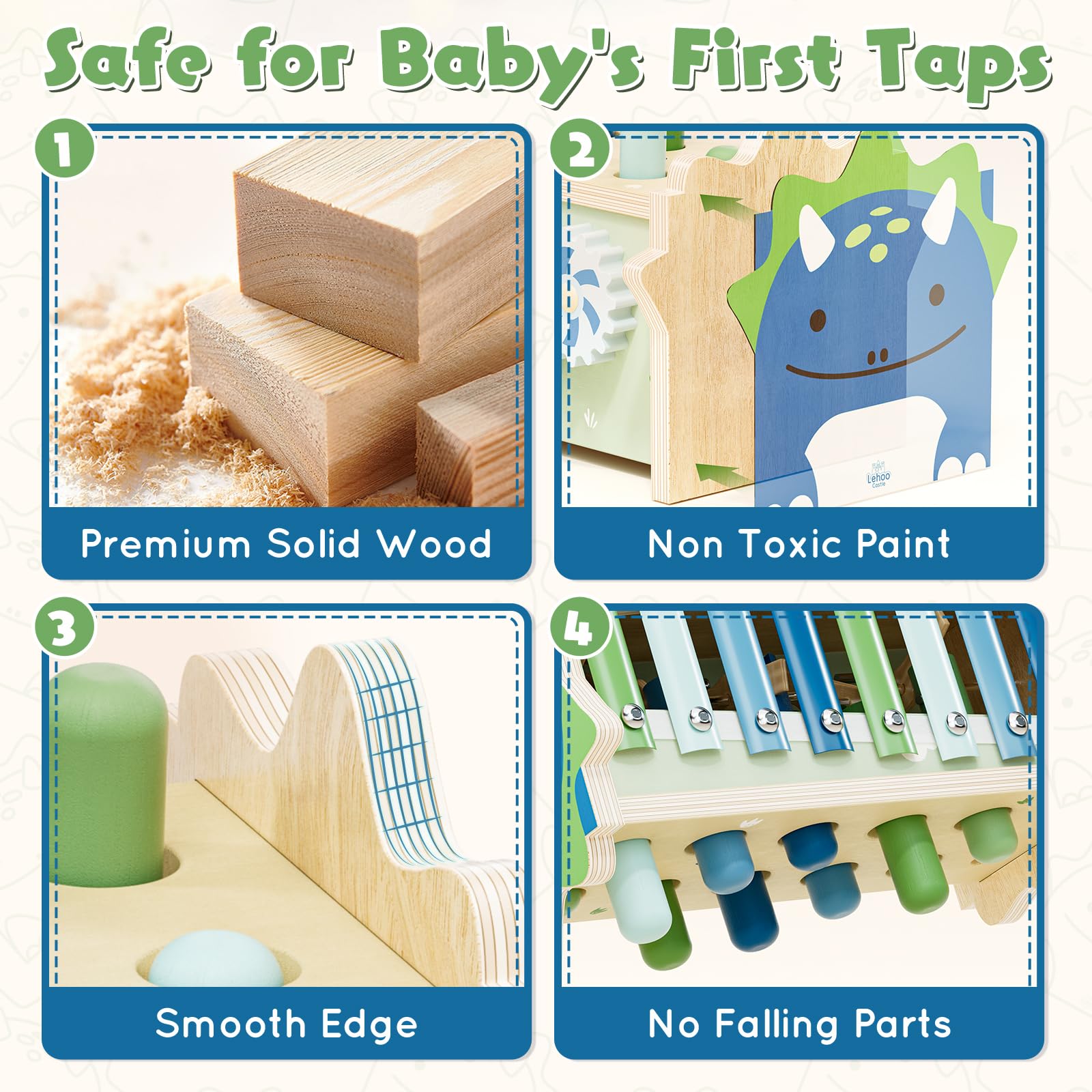 Lehoo Castle child-safe mallets and wood grain detail showing smooth finish