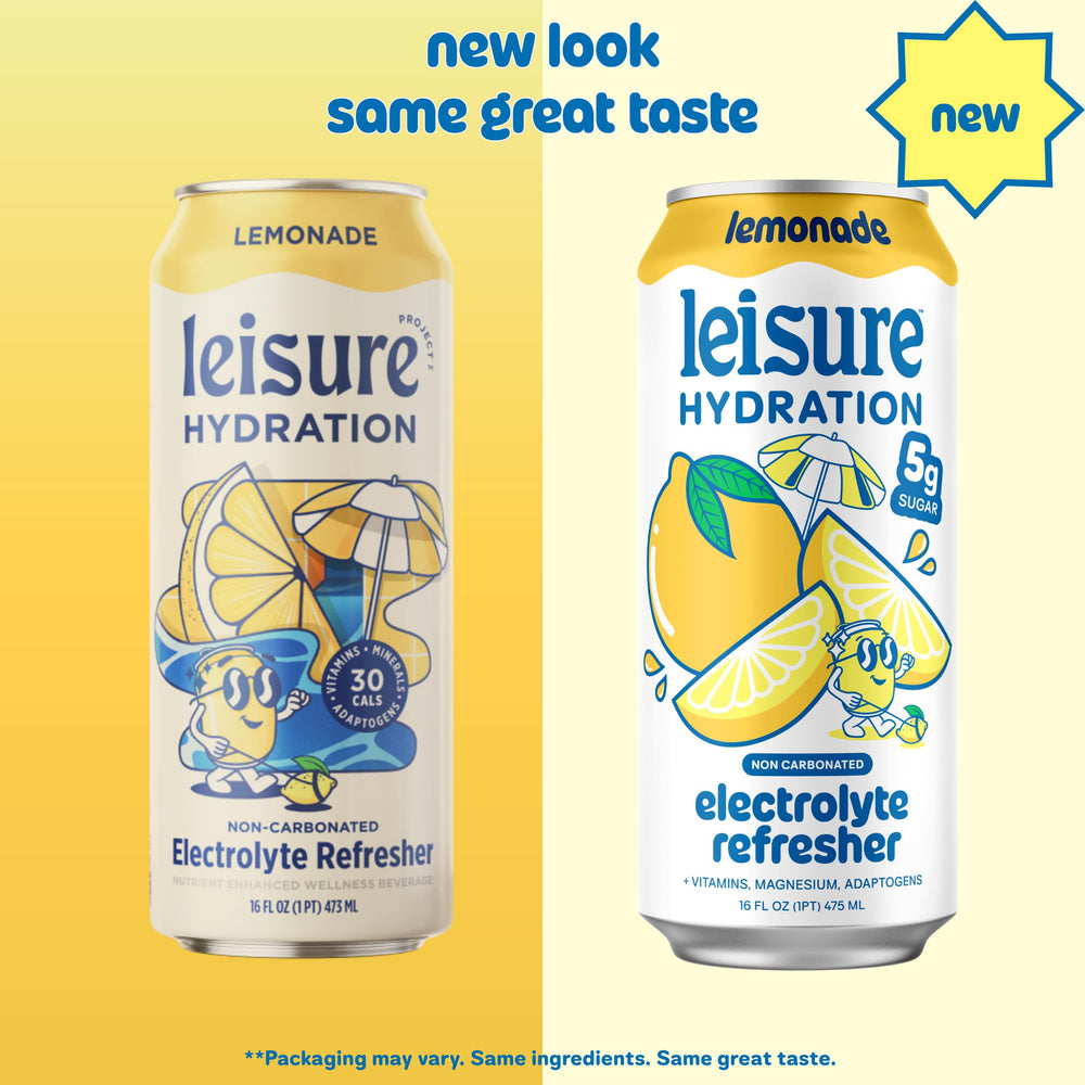 Leisure close-up label on can highlighting electrolytes and clean ingredients benefit