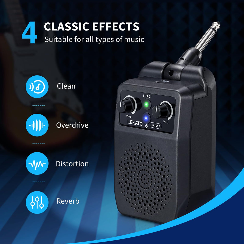 LEKATO mini amp control panel close-up, easy effect selection and tone control