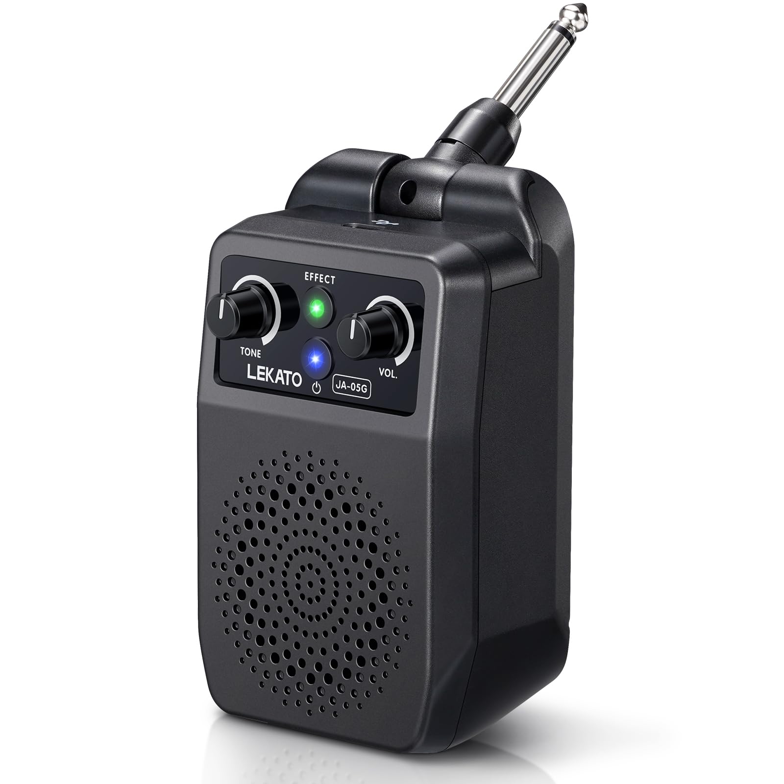 LEKATO mini amp front view showing speaker and brand, clear sound for practice