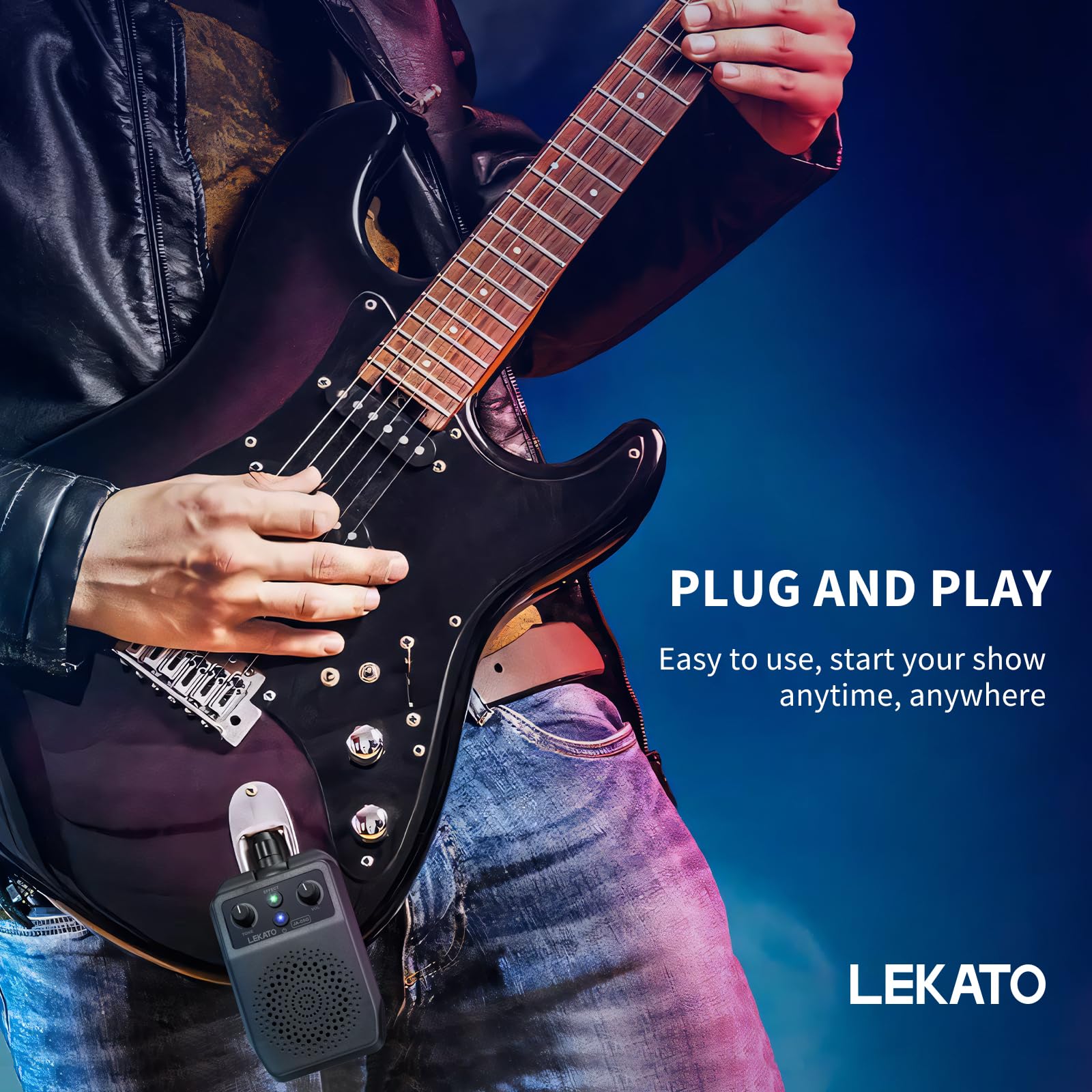 LEKATO mini amp charging port close-up, rechargeable battery convenience