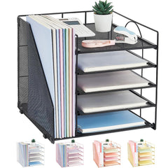 LEKETREE front view of 5-tier organizer showing neat stacked trays and black finish benefits tidy desk