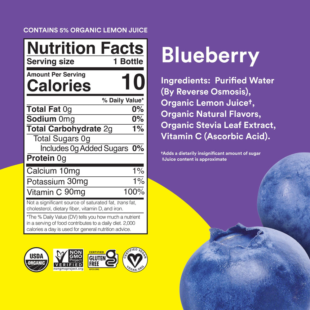 Lemon Perfect bottle close-up showing blueberry lemon color and refreshing clarity
