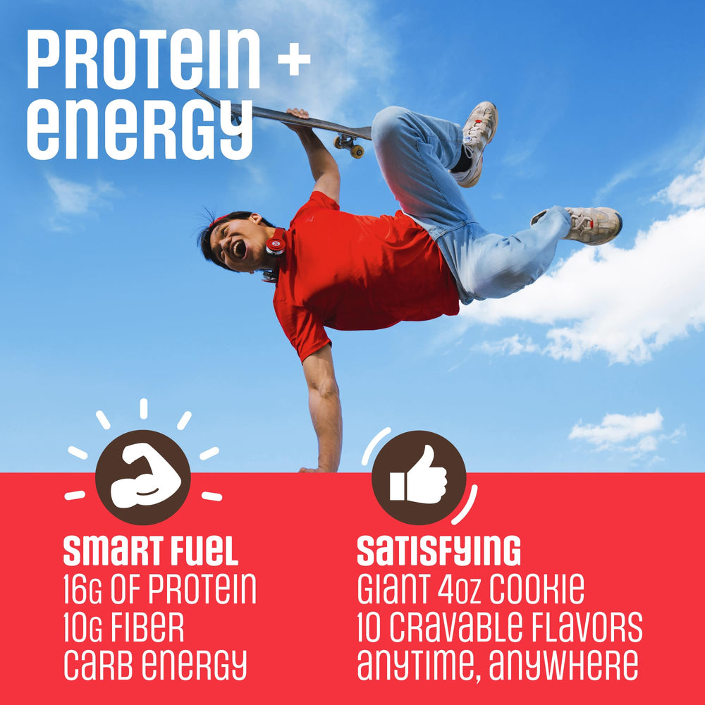 Lenny & Larry's cookie with visible nutrition label, clarifies protein and fiber benefits