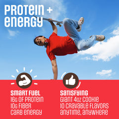 Lenny & Larry's cookie with visible nutrition label, clarifies protein and fiber benefits