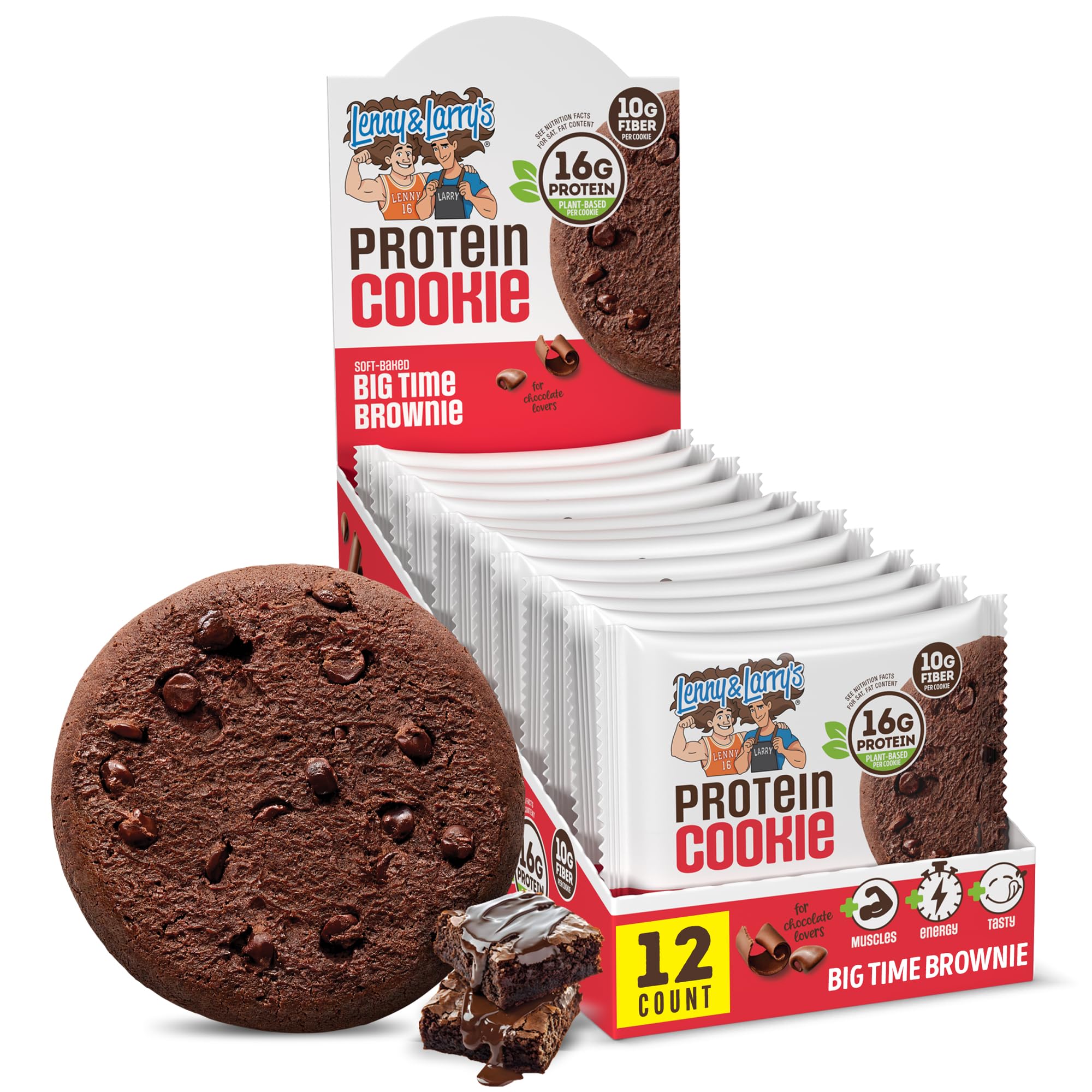 Lenny & Larry's front packaging showing 12-pack and brownie image, highlights convenience