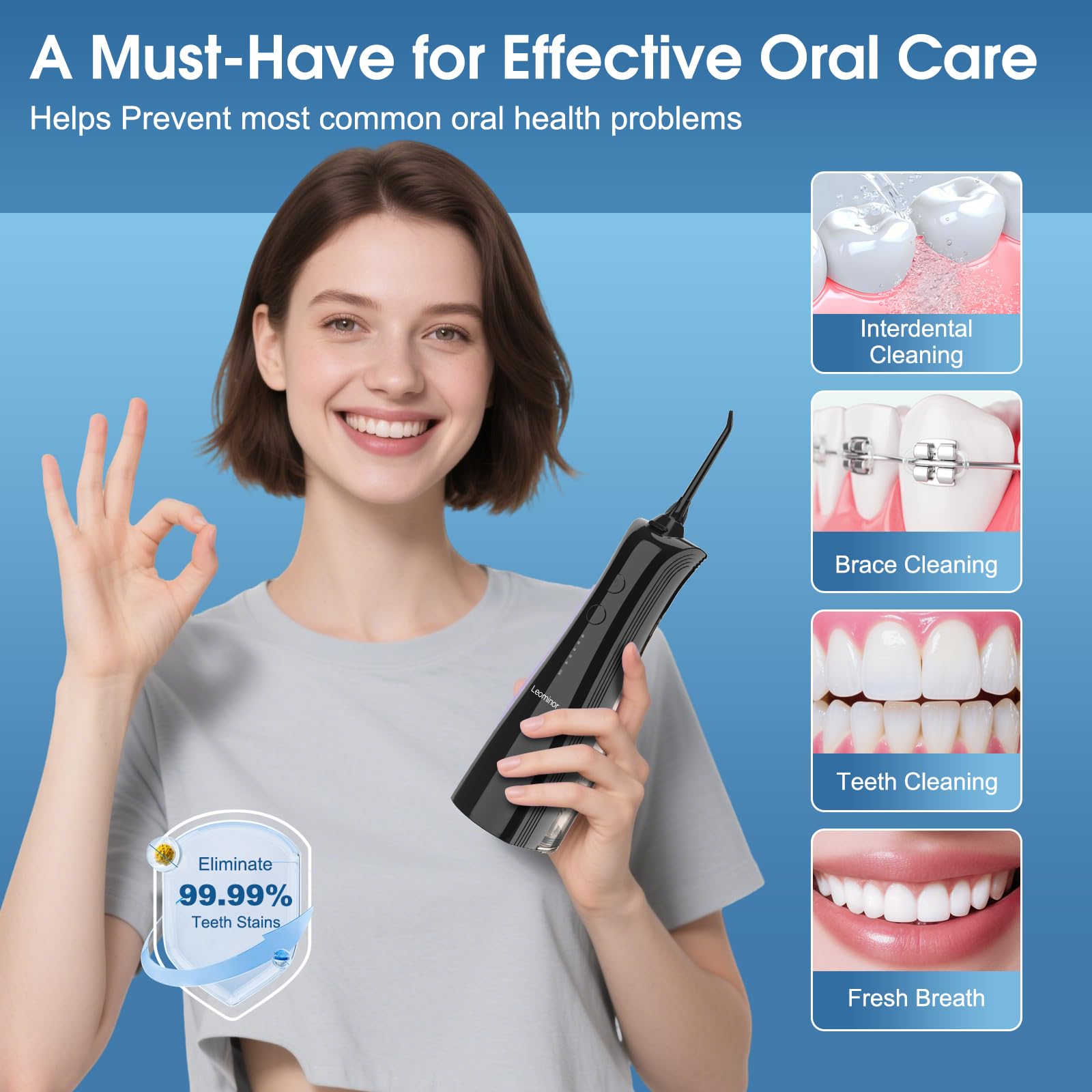 Leominor next to a toothbrush showing compact size for easy travel storage