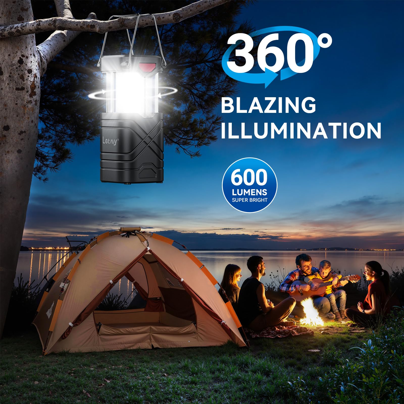 LETMY lanterns in campsite lifestyle image showing durable outdoor lighting