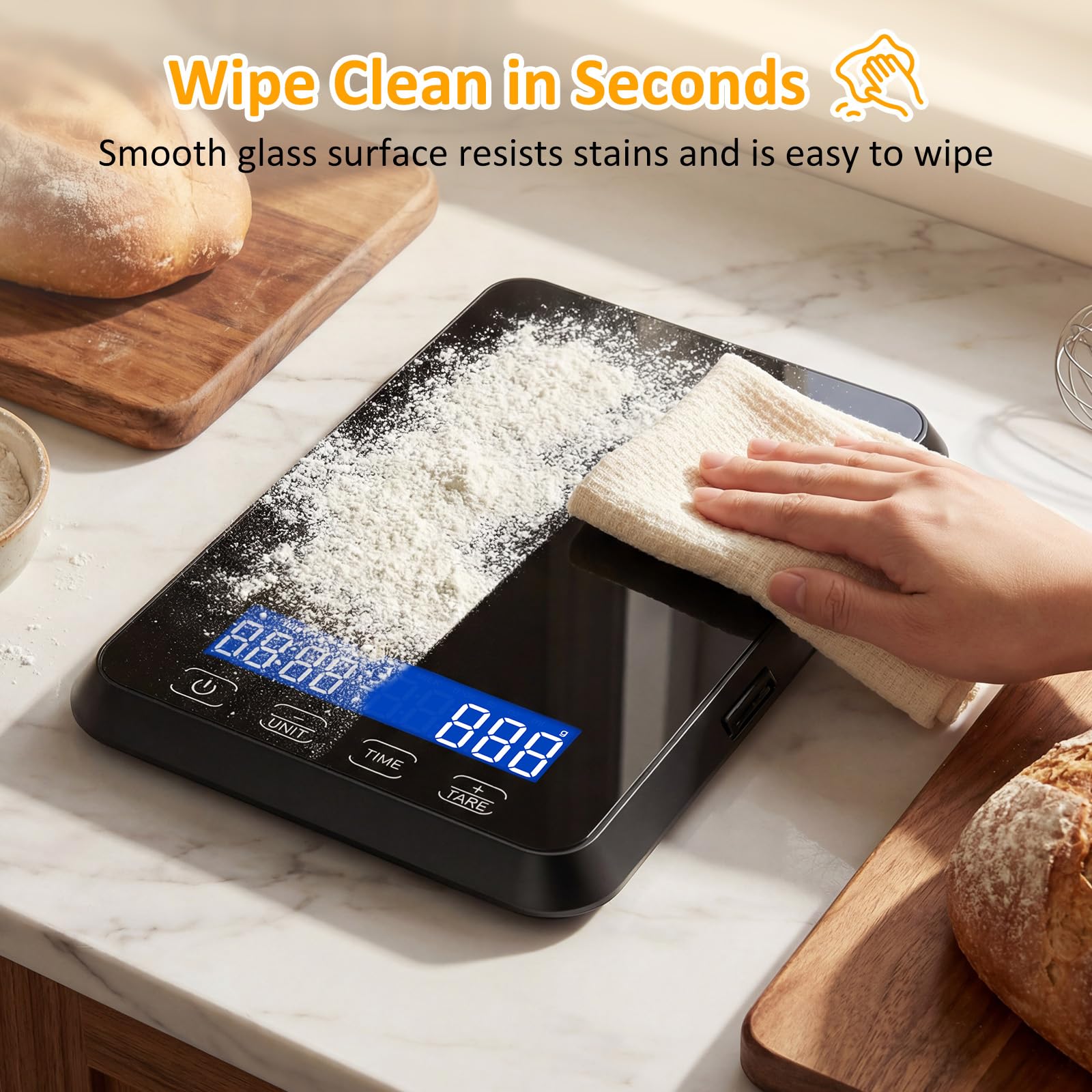 Letron next to a loaf and measuring cup to show 8.85×5.9 inch size scale