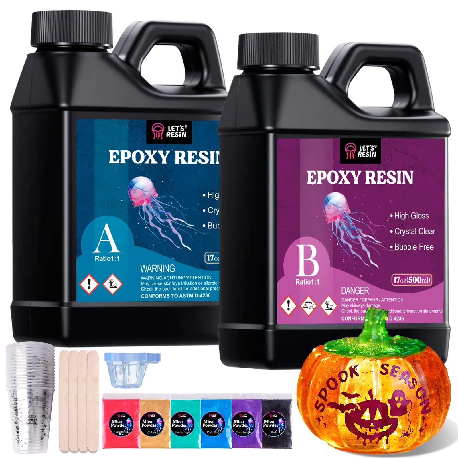 LET'S RESIN front packaging showing bottles and included accessories, ready to start projects