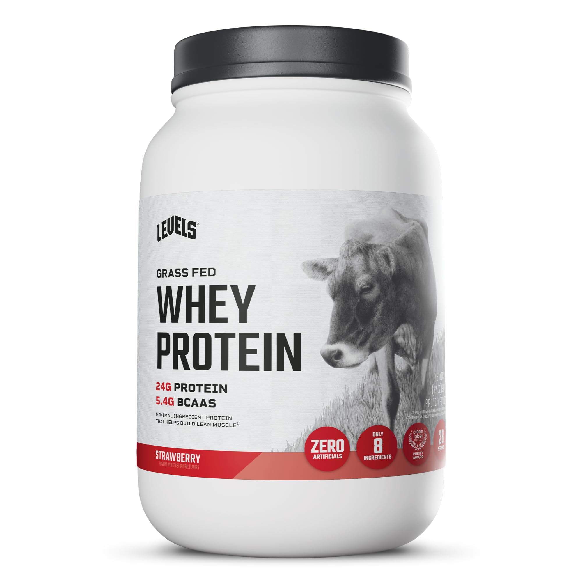 Levels Nutrition front label of strawberry whey showing clean ingredient claims and benefit