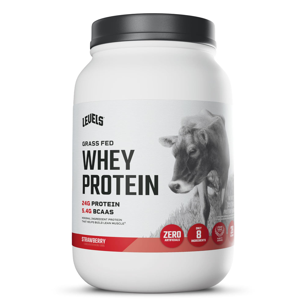 Levels Nutrition front label of strawberry whey showing clean ingredient claims and benefit