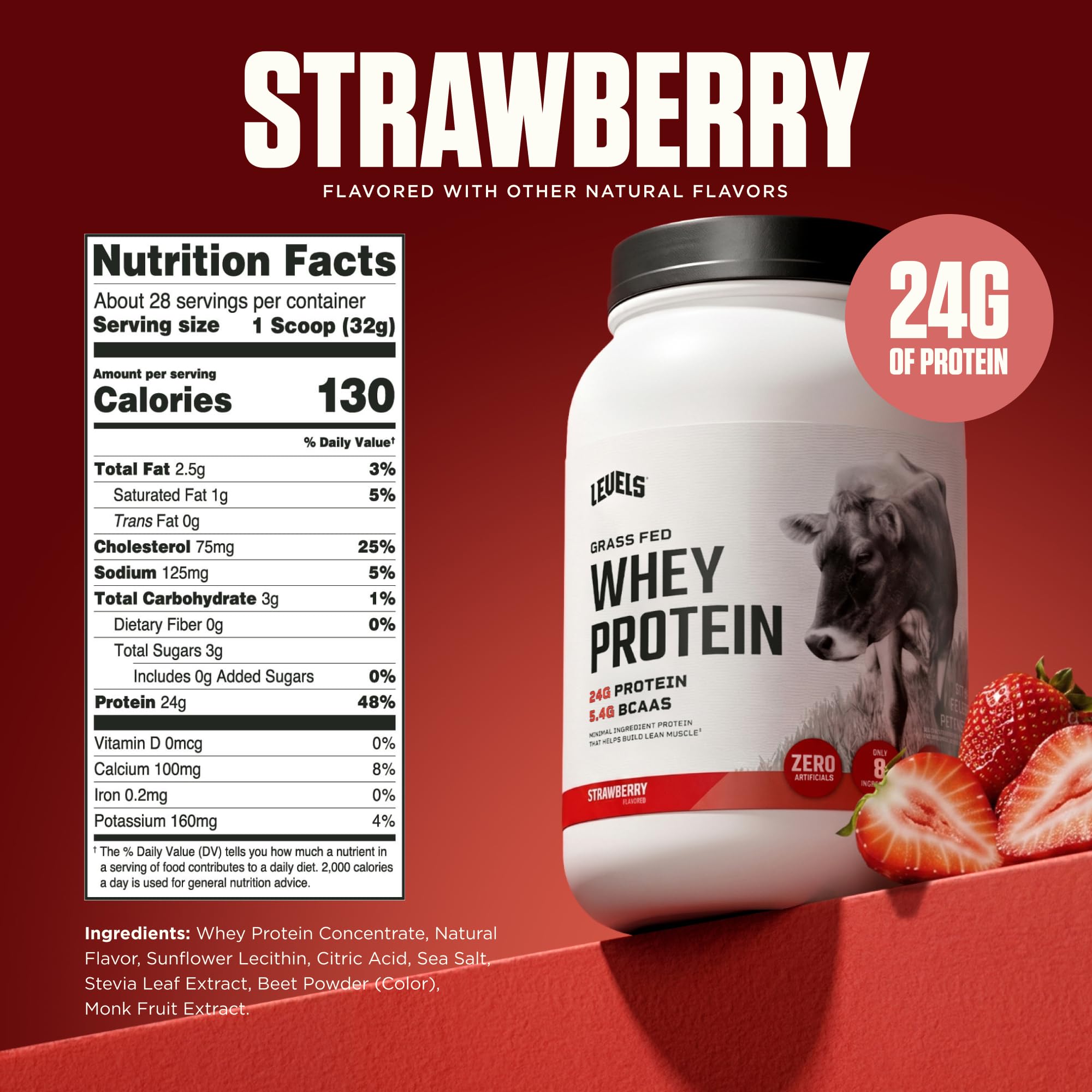 Levels Nutrition scoop of strawberry whey displaying 24g protein per scoop benefit