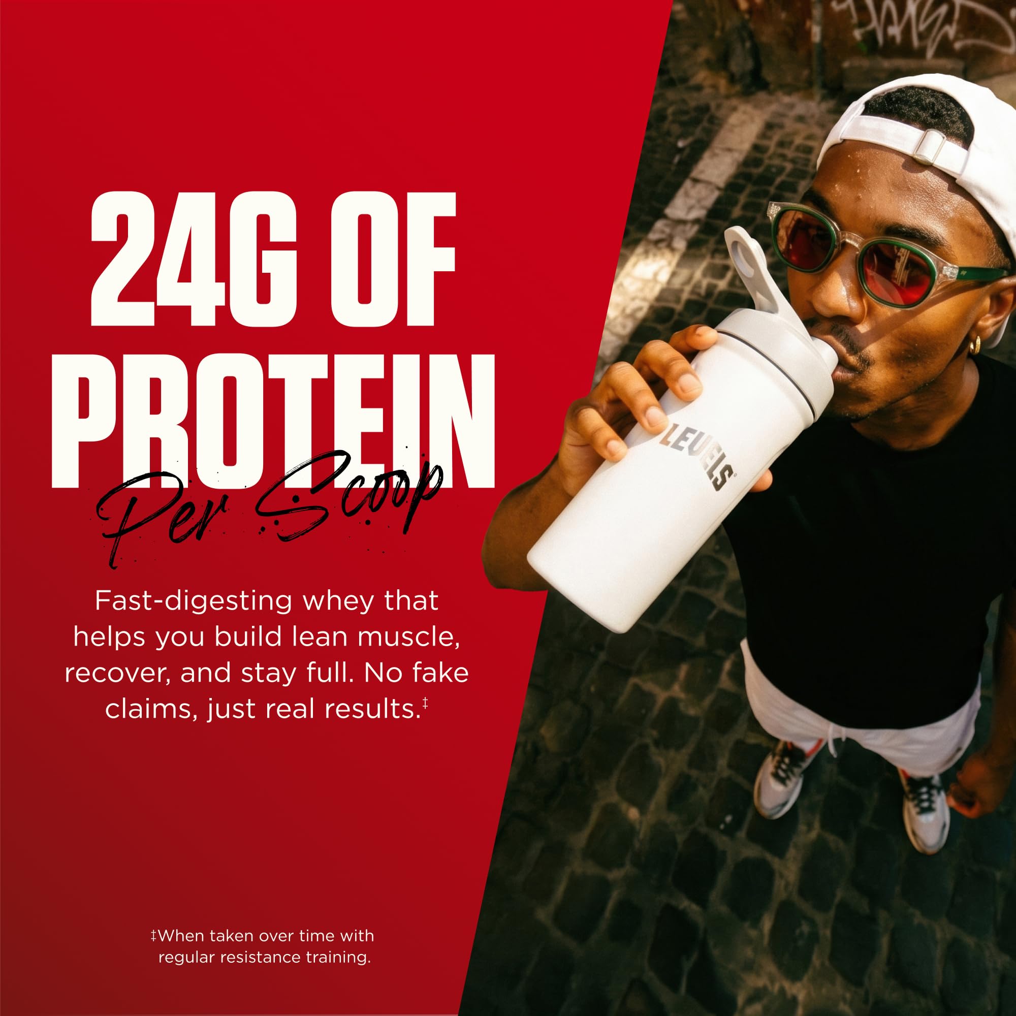 Levels Nutrition strawberry whey poured into a bottle ready for on-the-go protein